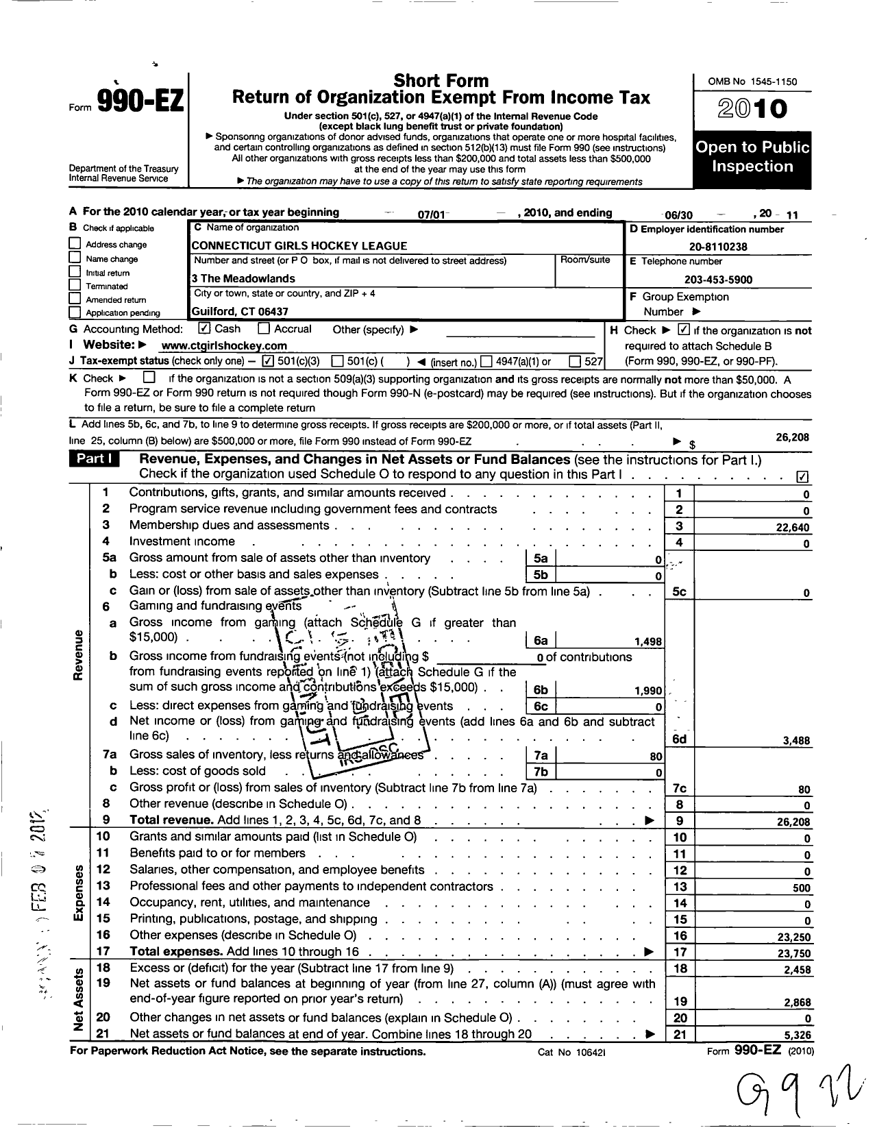 Image of first page of 2010 Form 990EZ for Connecticut Girls Hockey League