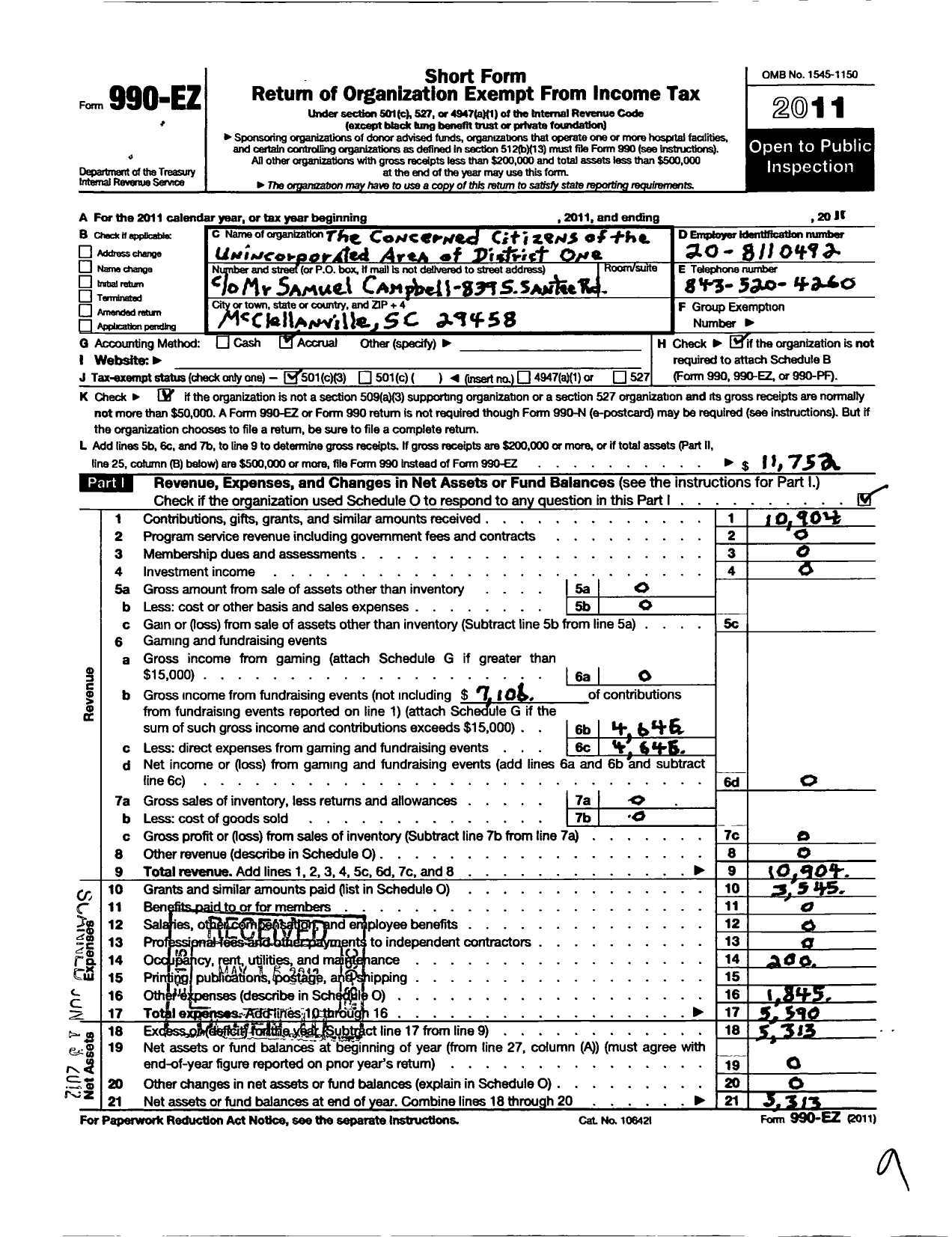 Image of first page of 2011 Form 990EZ for Concerned Citizens of District One Unincorporated Areas