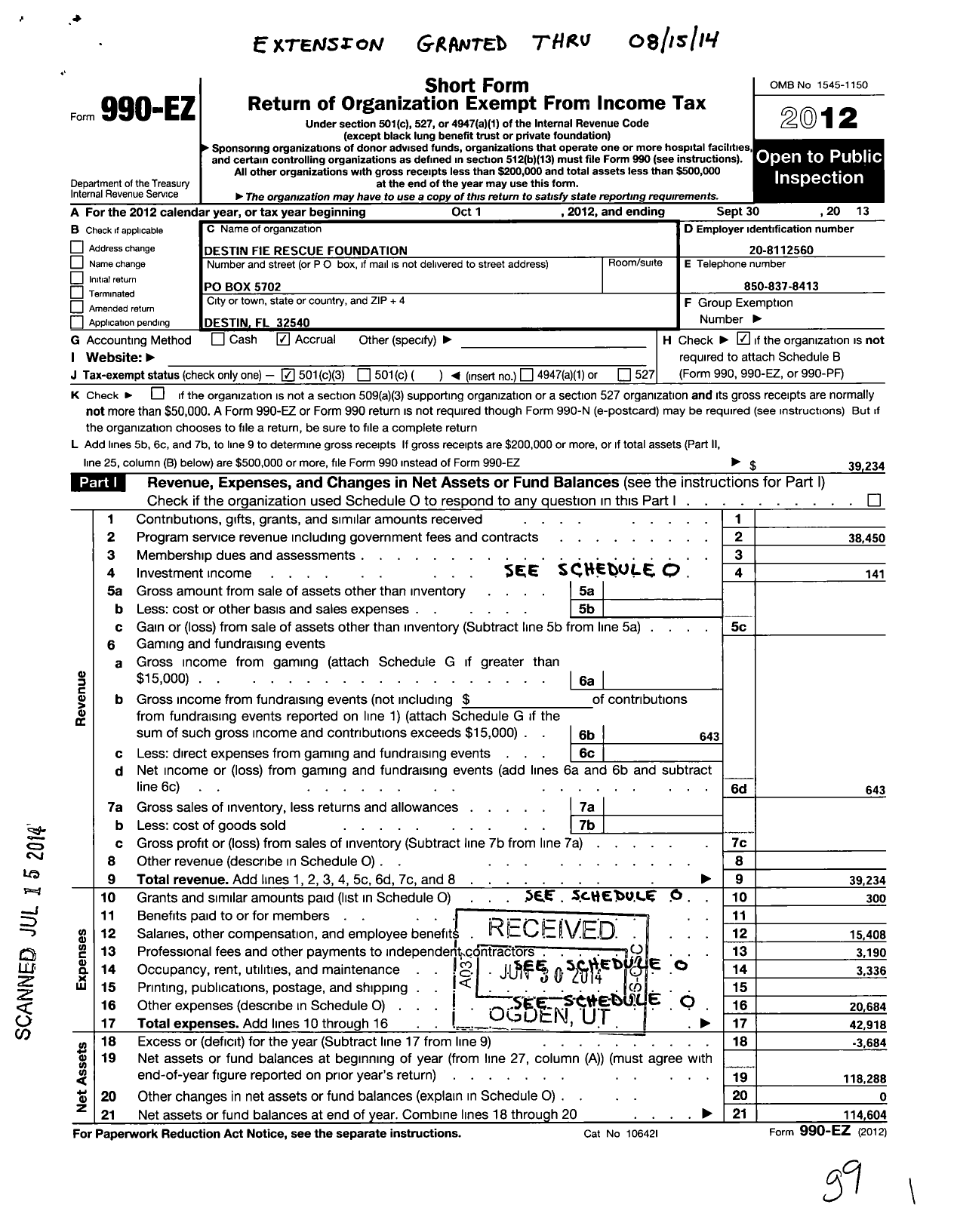 Image of first page of 2012 Form 990EZ for Destin Fire Rescue Foundation