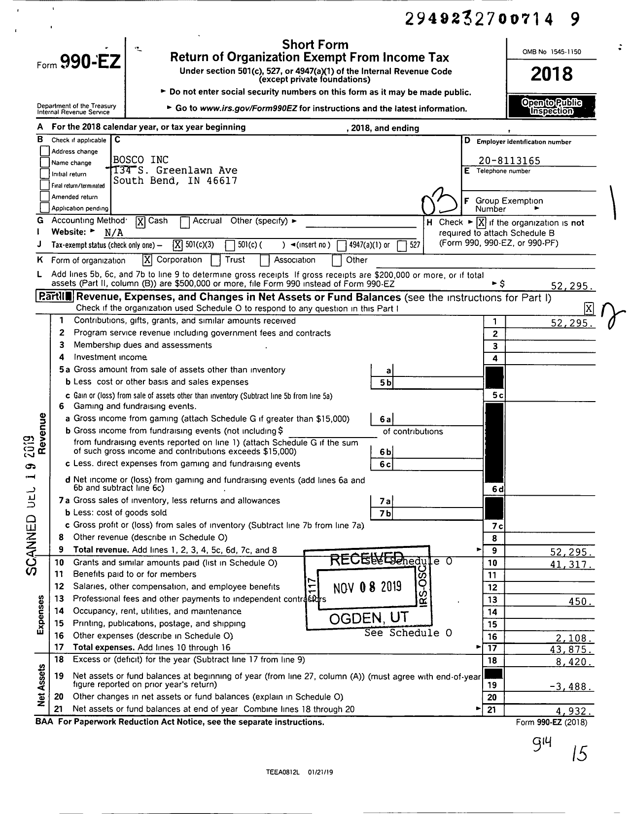 Image of first page of 2018 Form 990EZ for Bosco