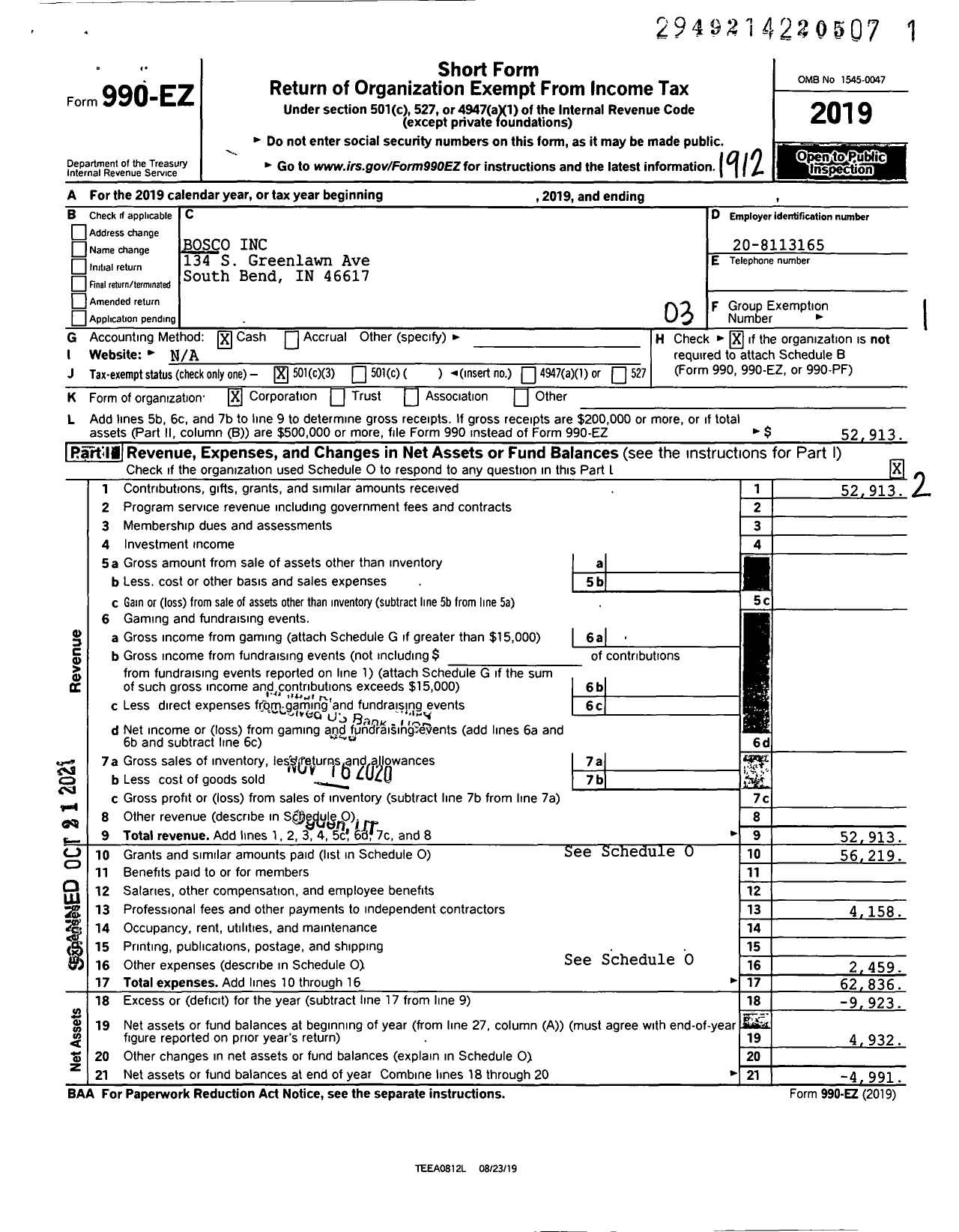 Image of first page of 2019 Form 990EZ for Bosco