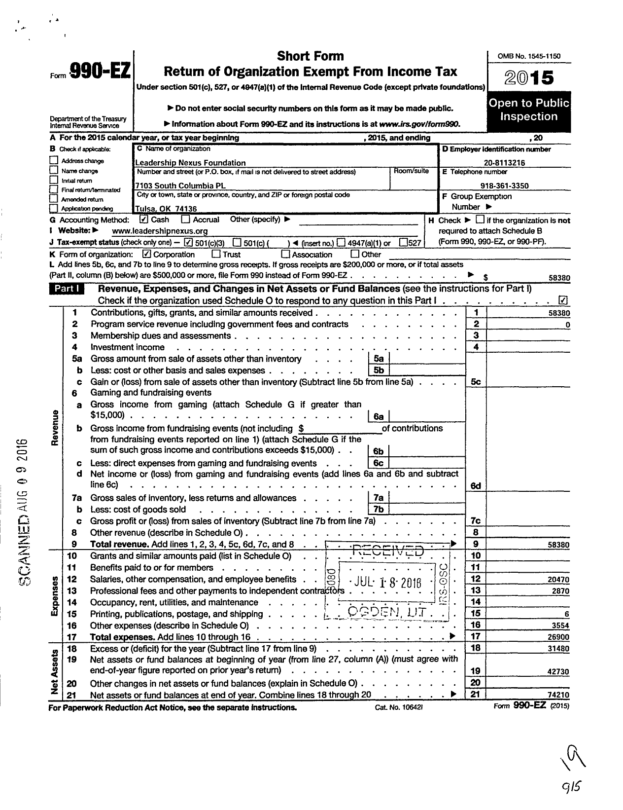 Image of first page of 2015 Form 990EZ for Leadership Nexus Foundation