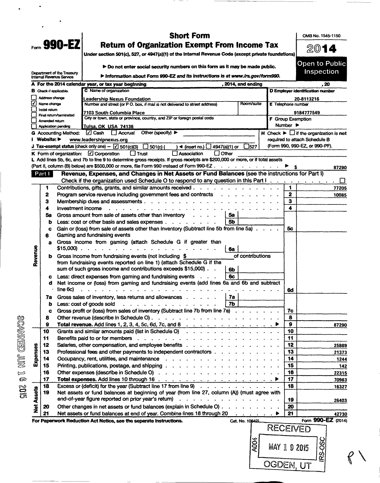 Image of first page of 2014 Form 990EZ for Leadership Nexus Foundation