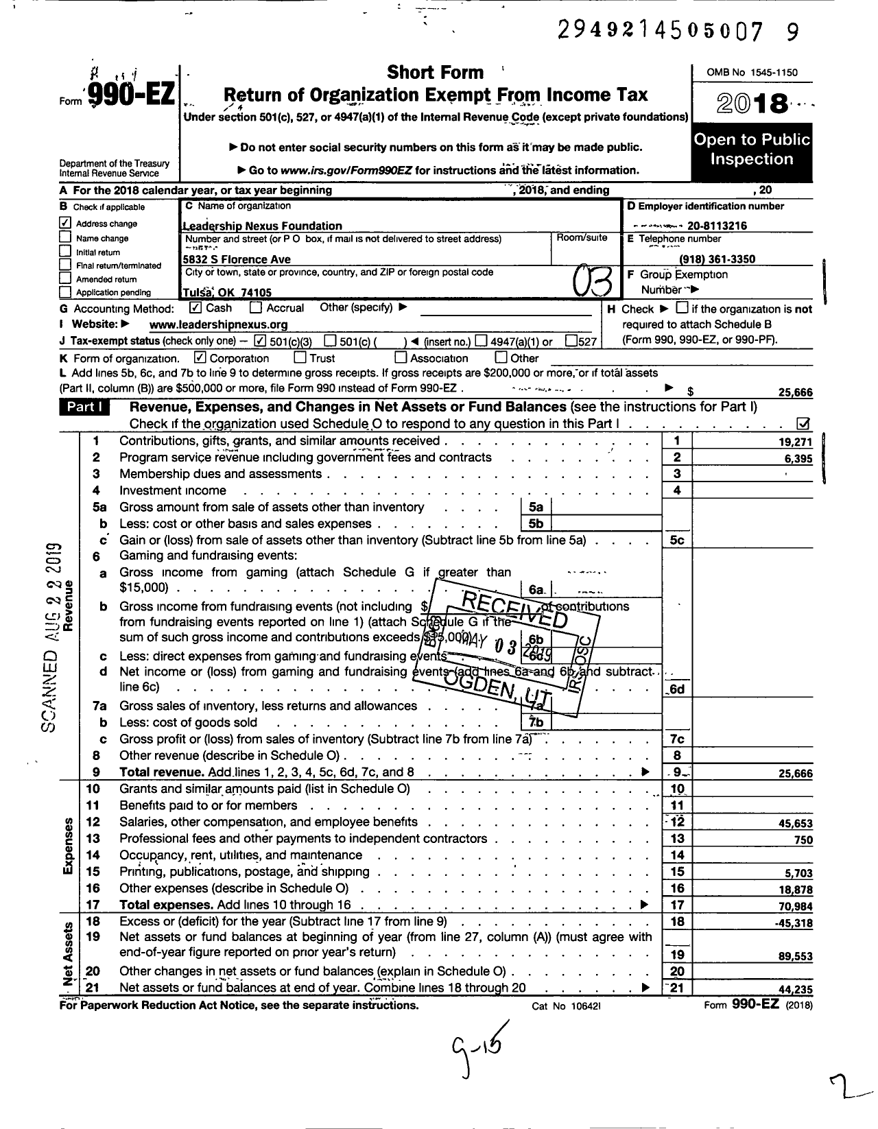 Image of first page of 2018 Form 990EZ for Leadership Nexus Foundation