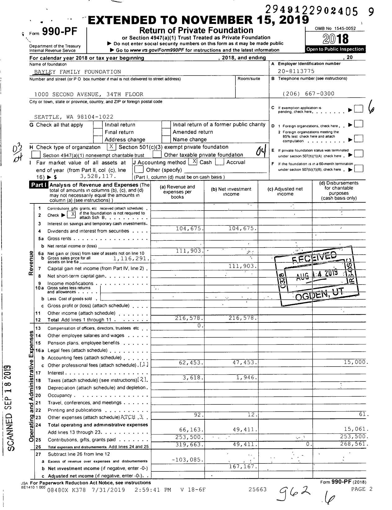 Image of first page of 2018 Form 990PF for Bayley Family Foundation