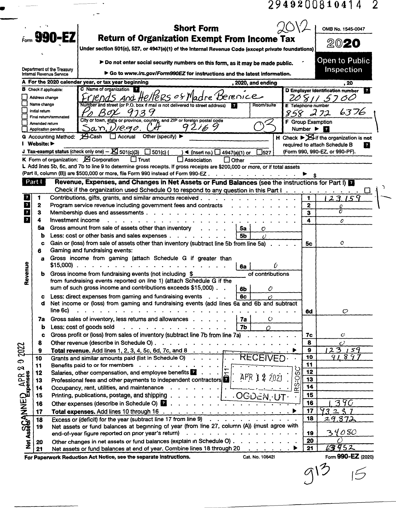 Image of first page of 2020 Form 990EZ for Friends and Helpers of Madre Berenice