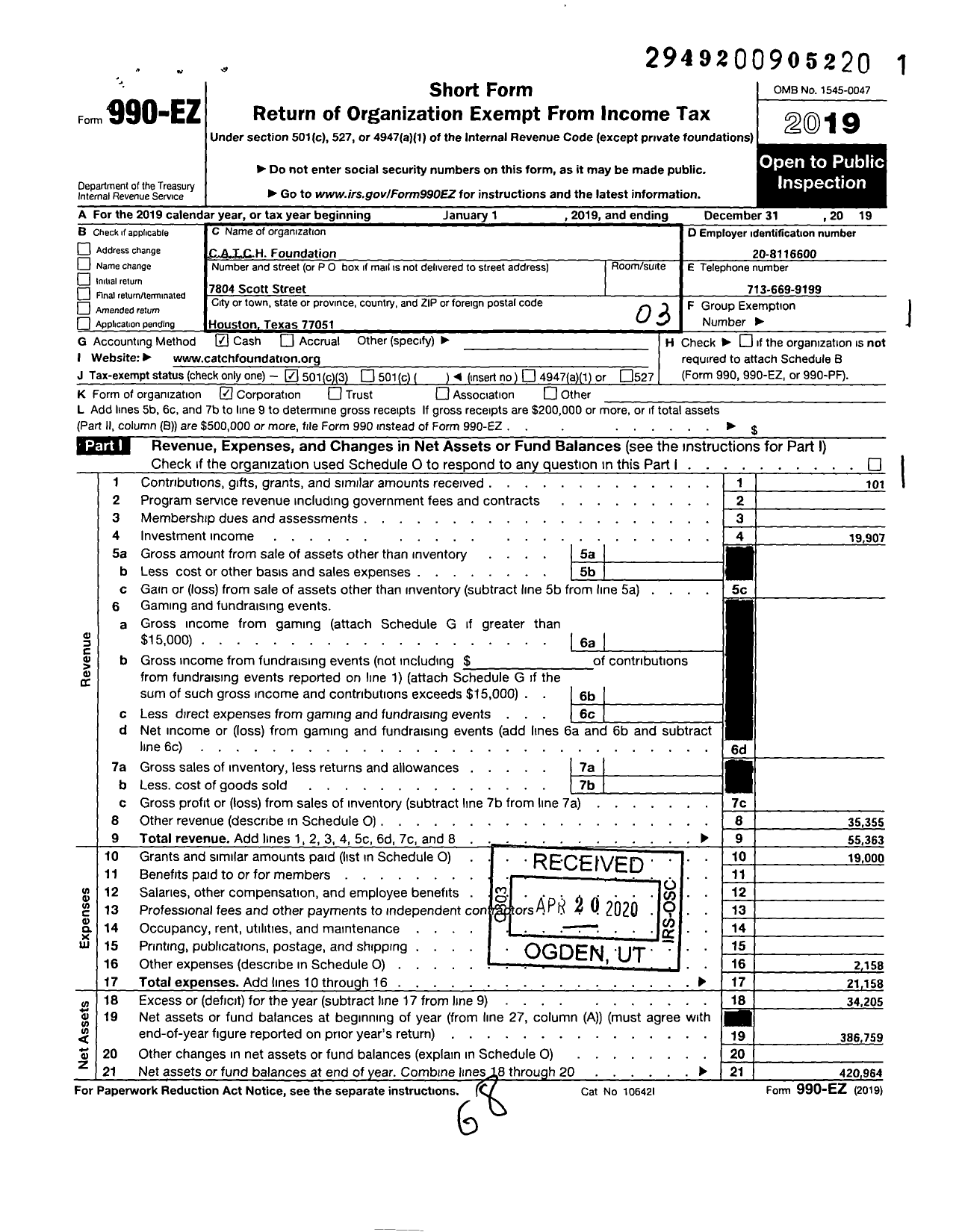 Image of first page of 2019 Form 990EZ for C A T C H Foundation