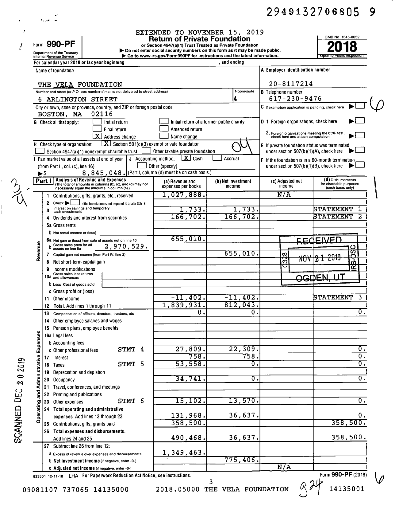 Image of first page of 2018 Form 990PF for The Vela Foundation