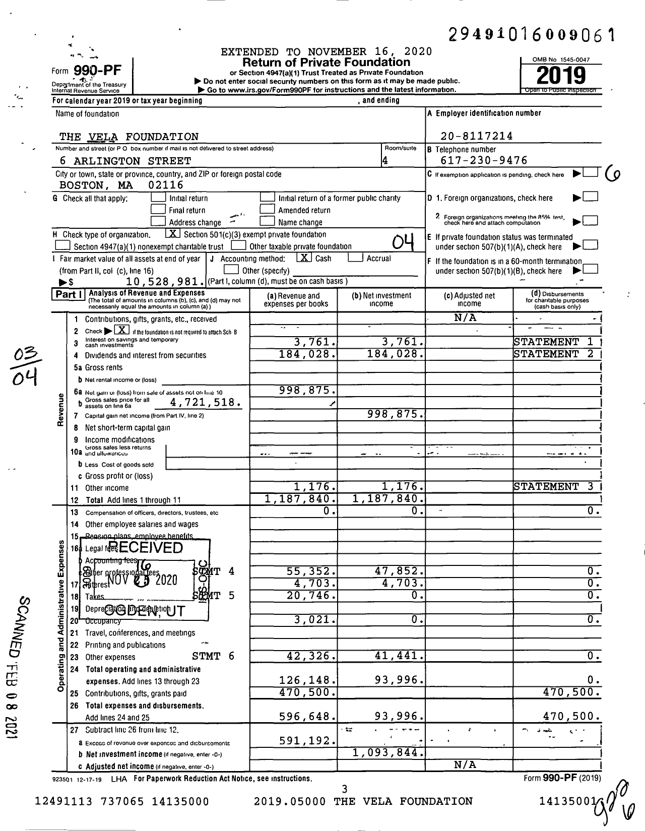 Image of first page of 2019 Form 990PF for The Vela Foundation
