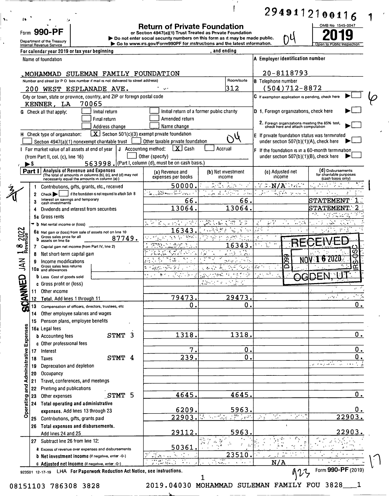 Image of first page of 2019 Form 990PF for Mohammad Suleman Family Foundation