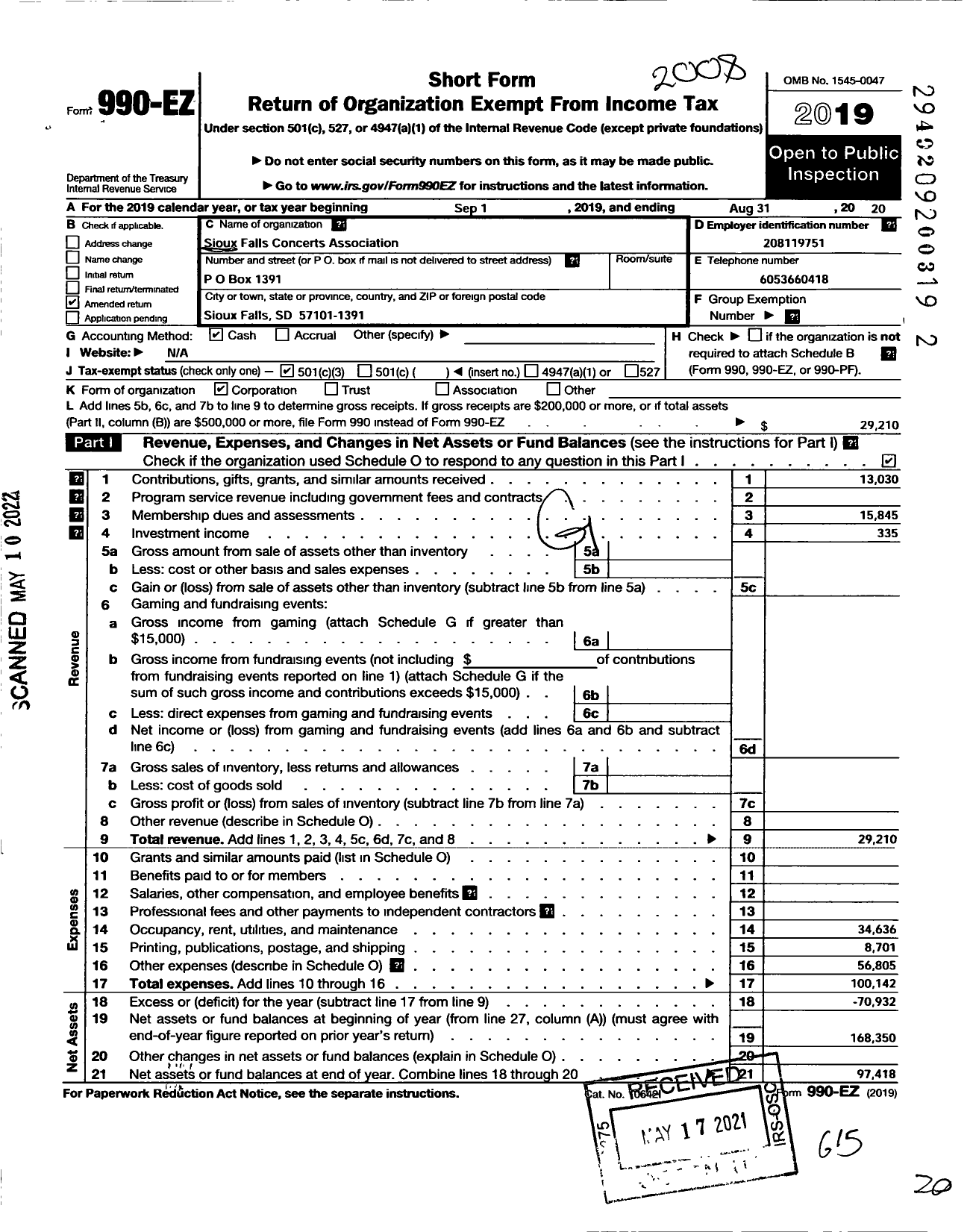 Image of first page of 2019 Form 990EZ for Sioux Falls Concerts Association