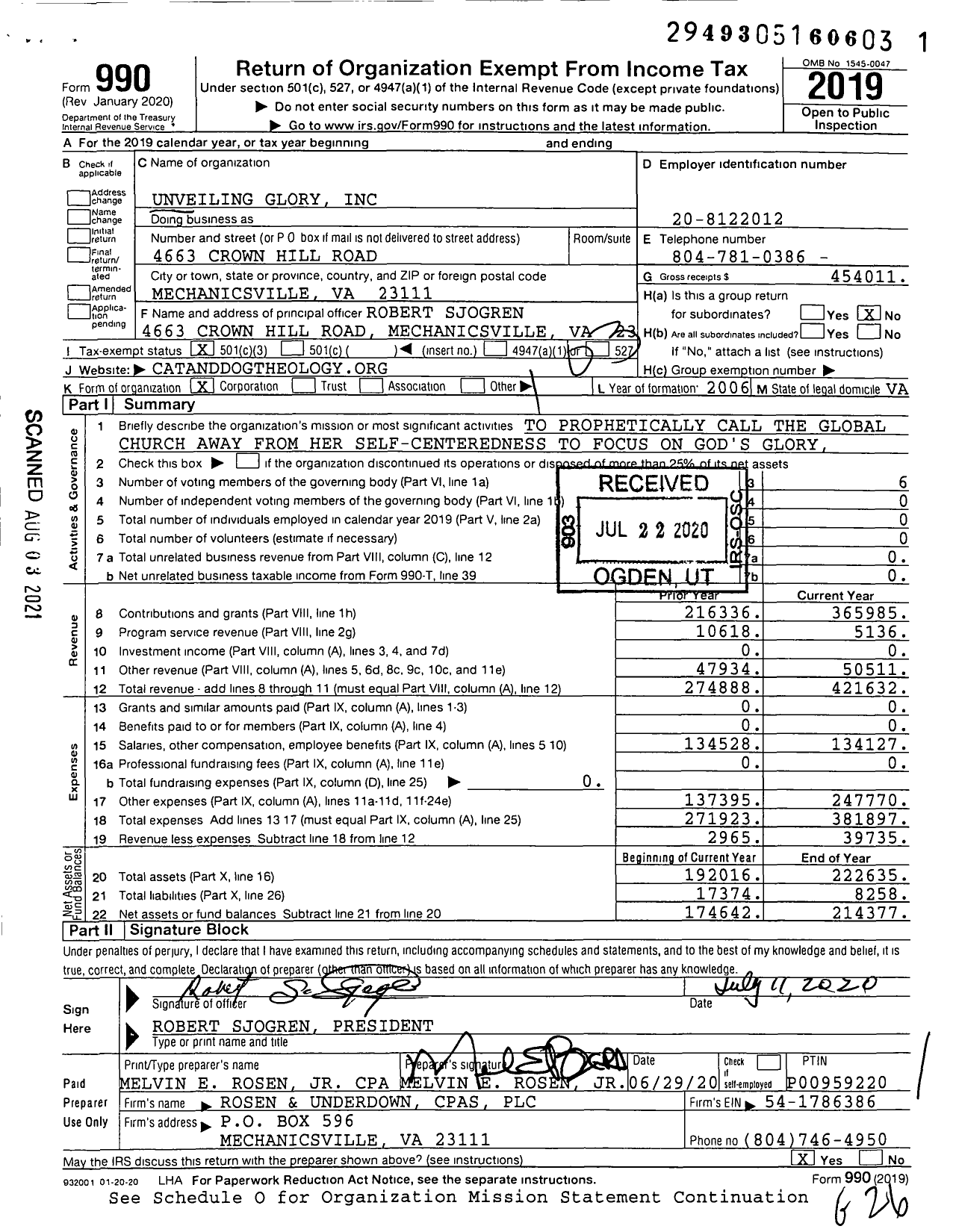 Image of first page of 2019 Form 990 for Unveiling Glory