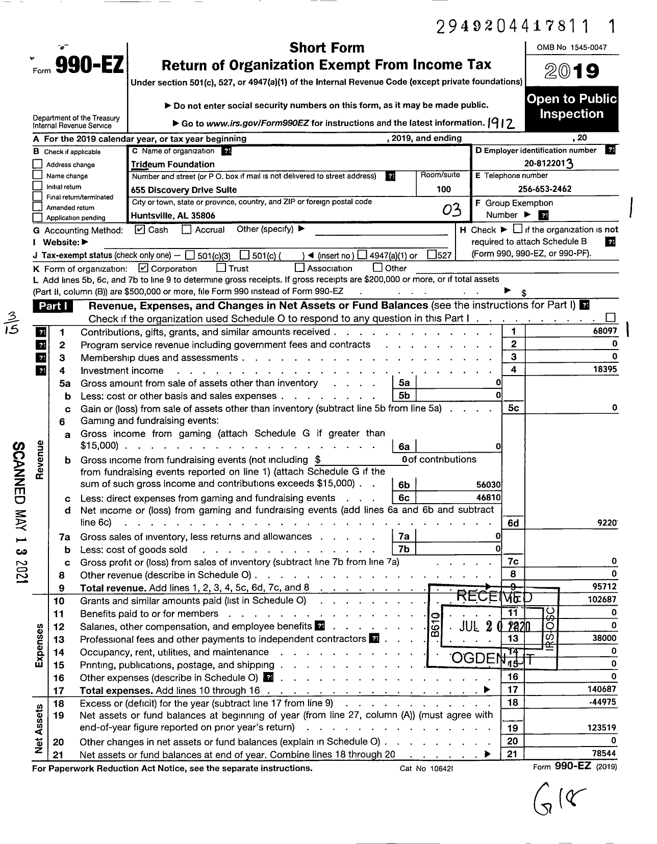 Image of first page of 2019 Form 990EZ for Trideum Foundation