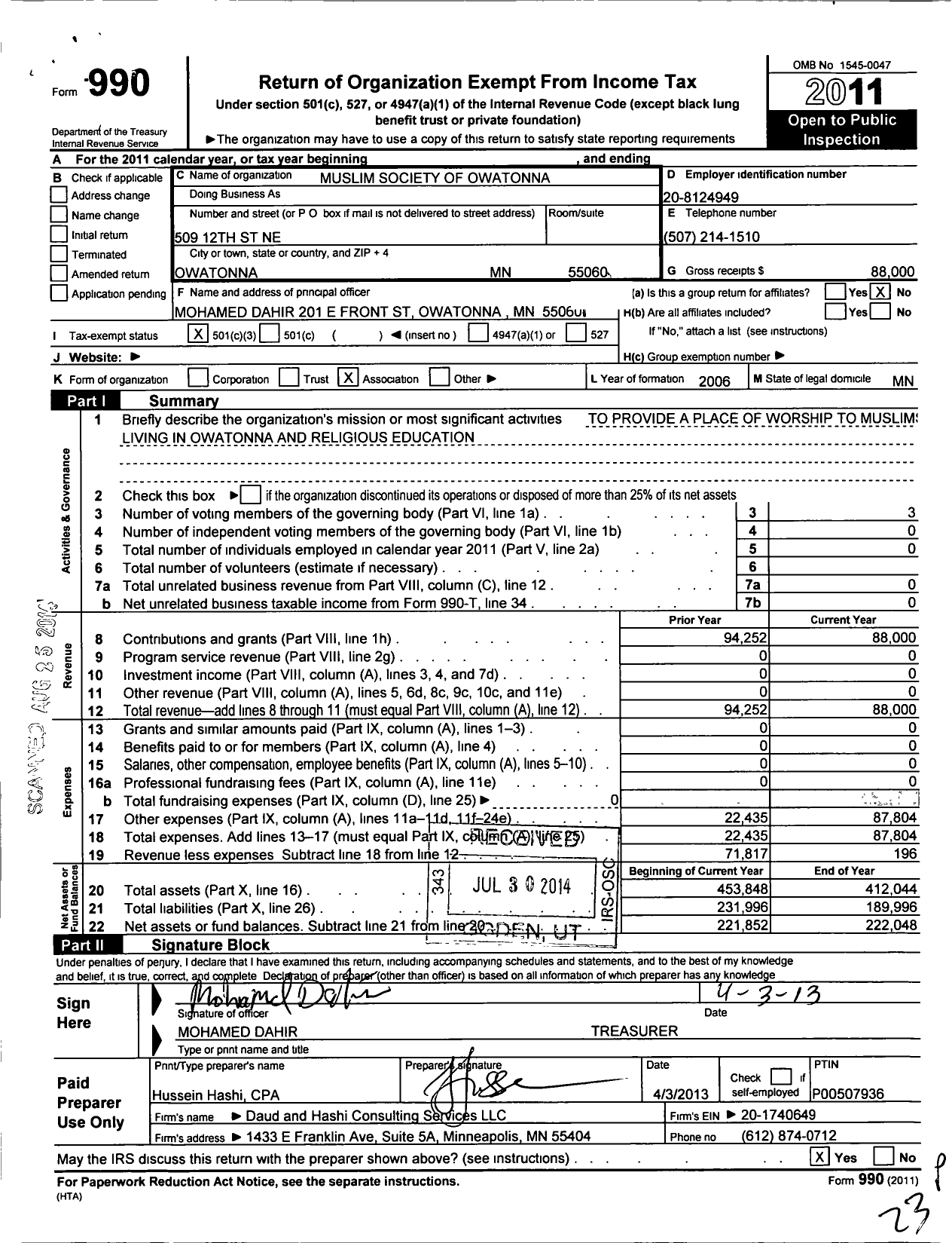 Image of first page of 2011 Form 990 for Muslim Society of Owatonna