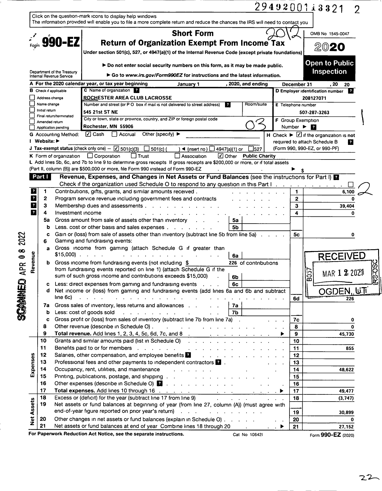 Image of first page of 2020 Form 990EZ for Rochester Area Club Lacrosse