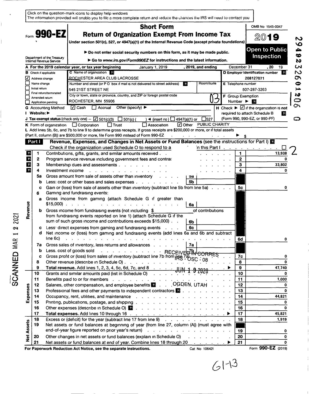 Image of first page of 2019 Form 990EZ for Rochester Area Club Lacrosse