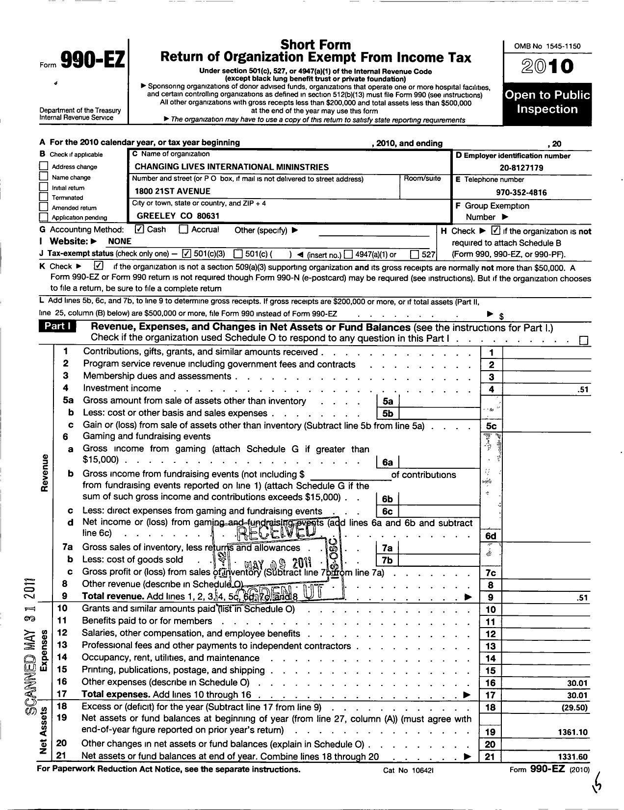 Image of first page of 2010 Form 990EZ for Changing Lives International Ministries