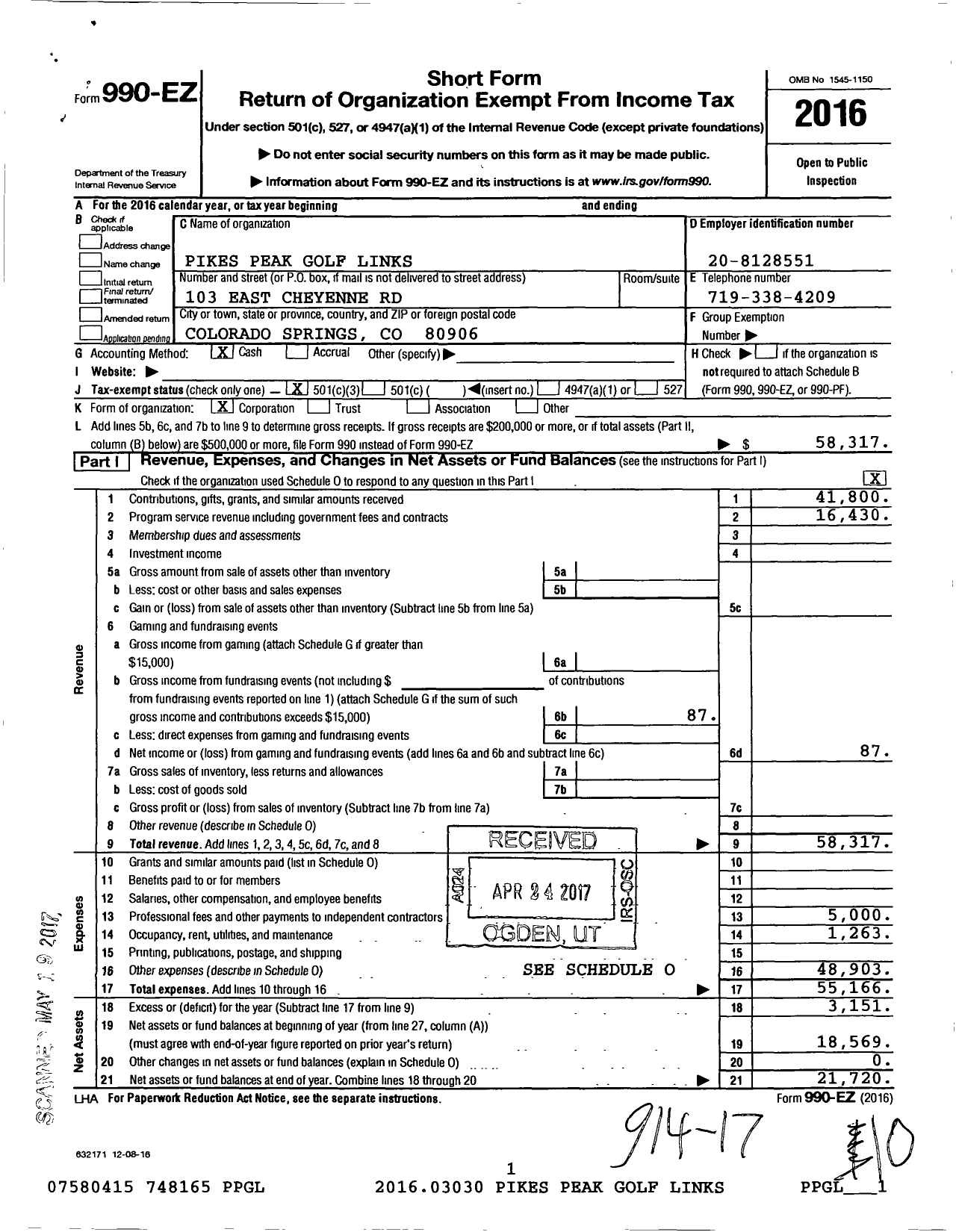 Image of first page of 2016 Form 990EZ for Pikes Peak Golf Links