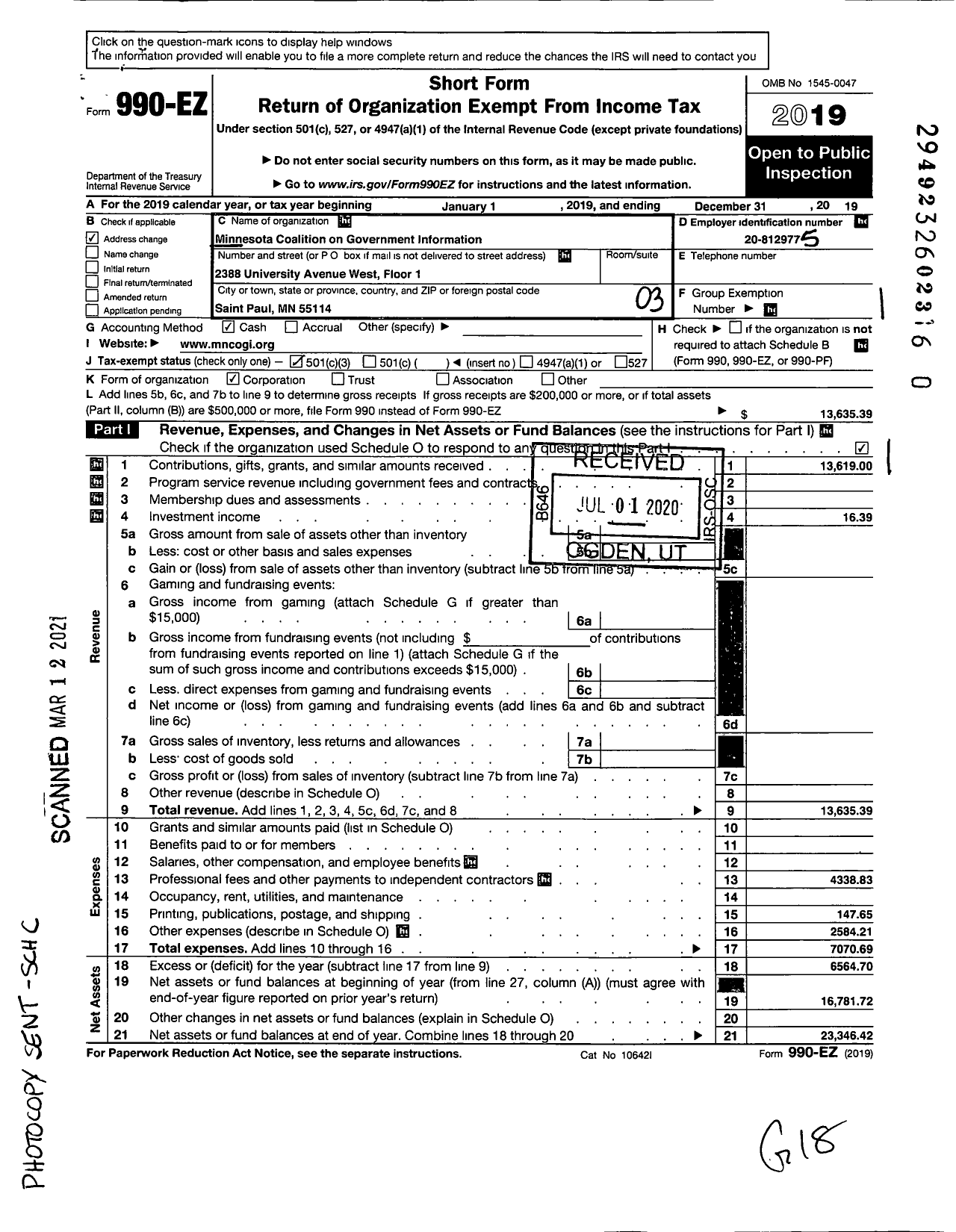 Image of first page of 2019 Form 990EZ for Minnesota Coalition on Government Information