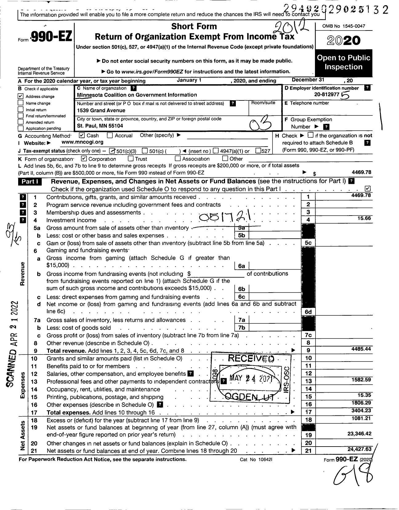 Image of first page of 2020 Form 990EZ for Minnesota Coalition on Government Information