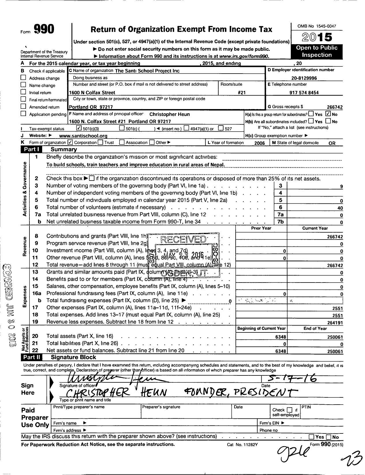 Image of first page of 2015 Form 990 for Santi School Project