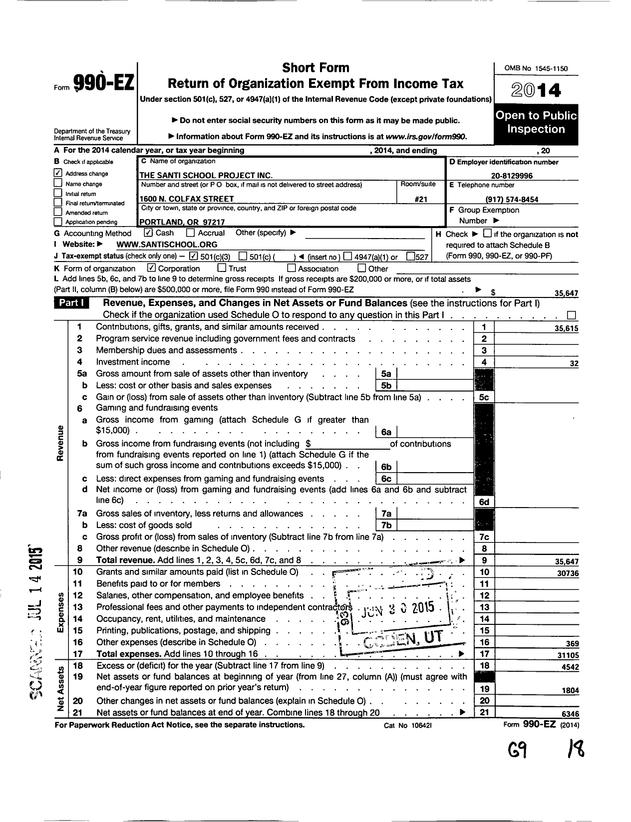 Image of first page of 2014 Form 990EZ for Santi School Project