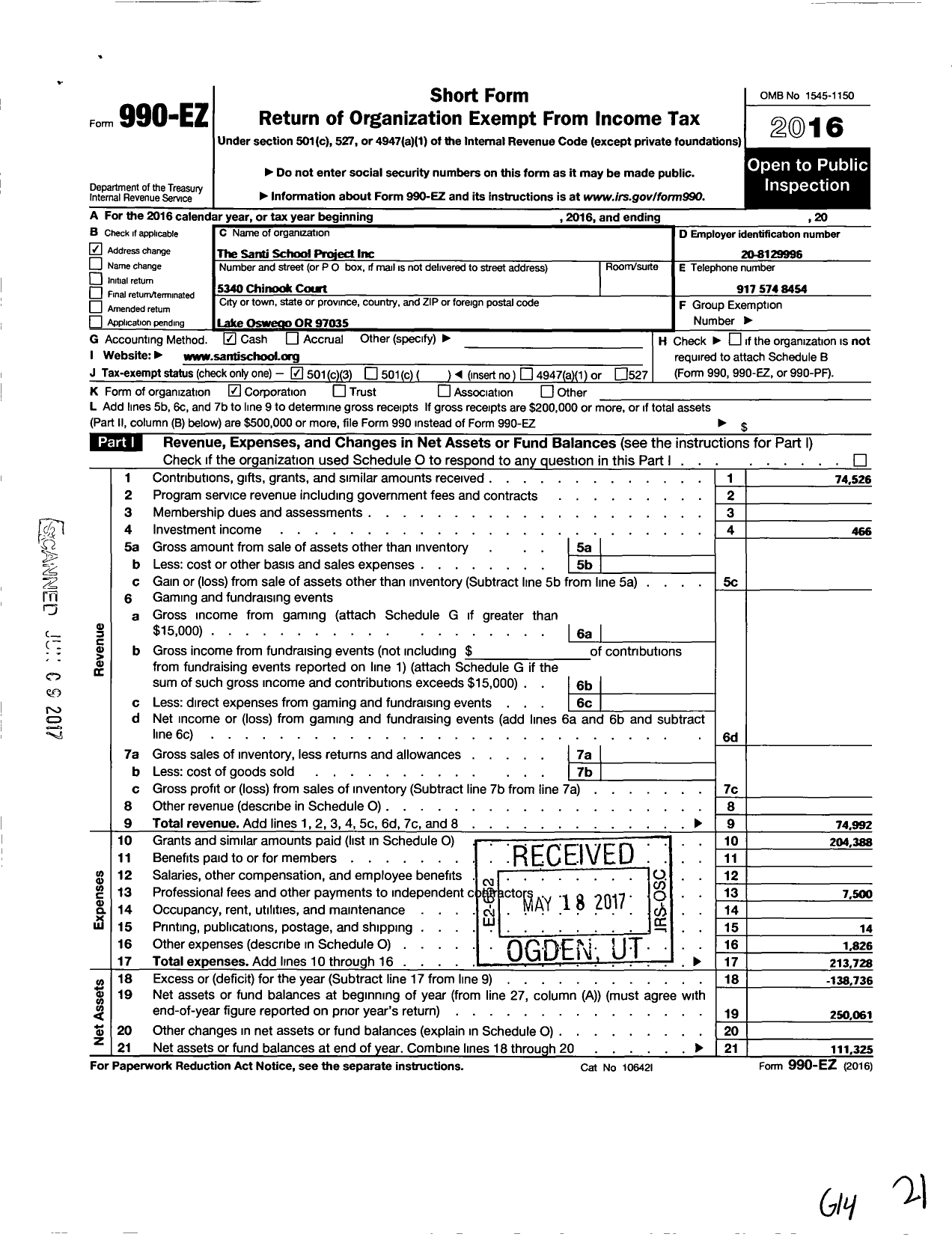 Image of first page of 2016 Form 990EZ for Santi School Project