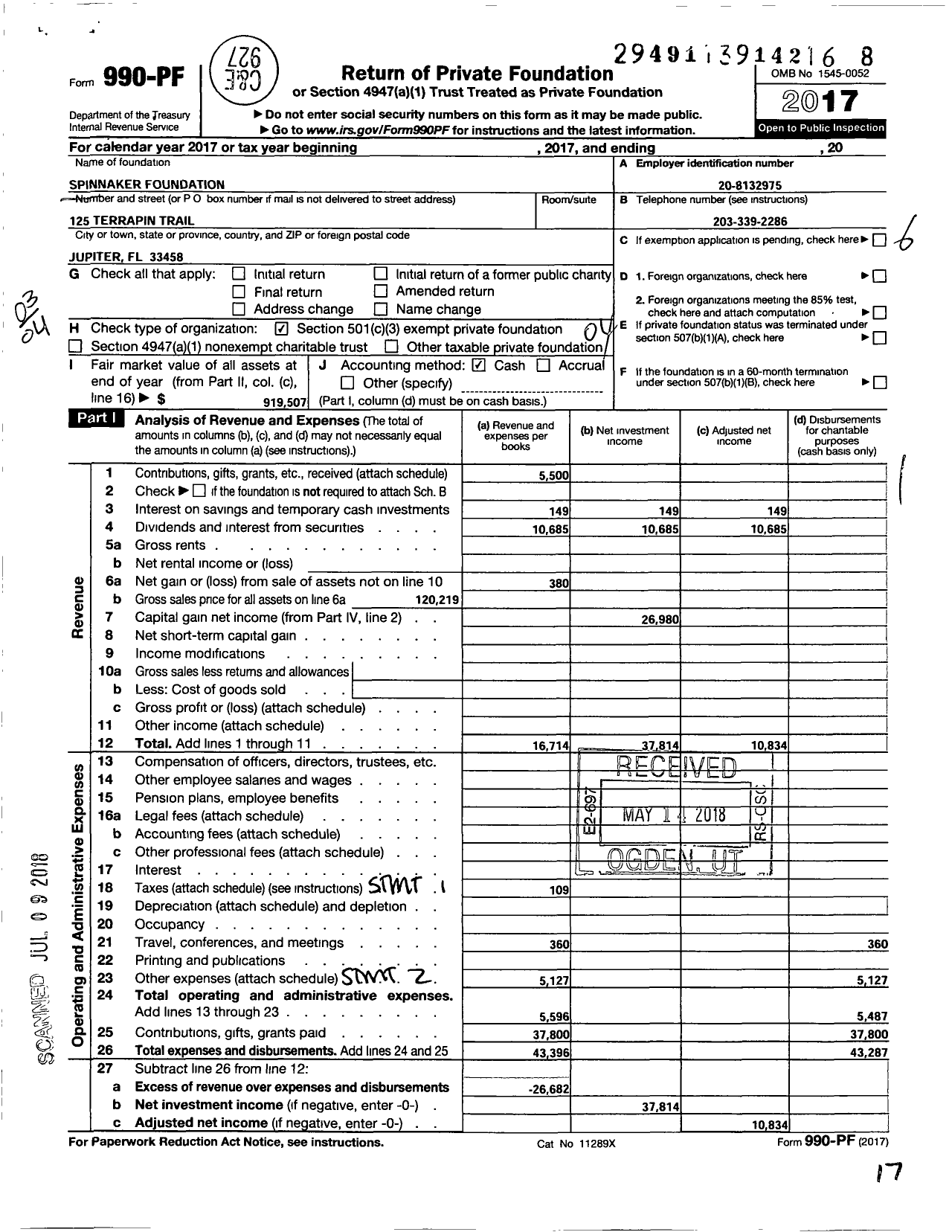 Image of first page of 2017 Form 990PF for Spinnaker Foundation