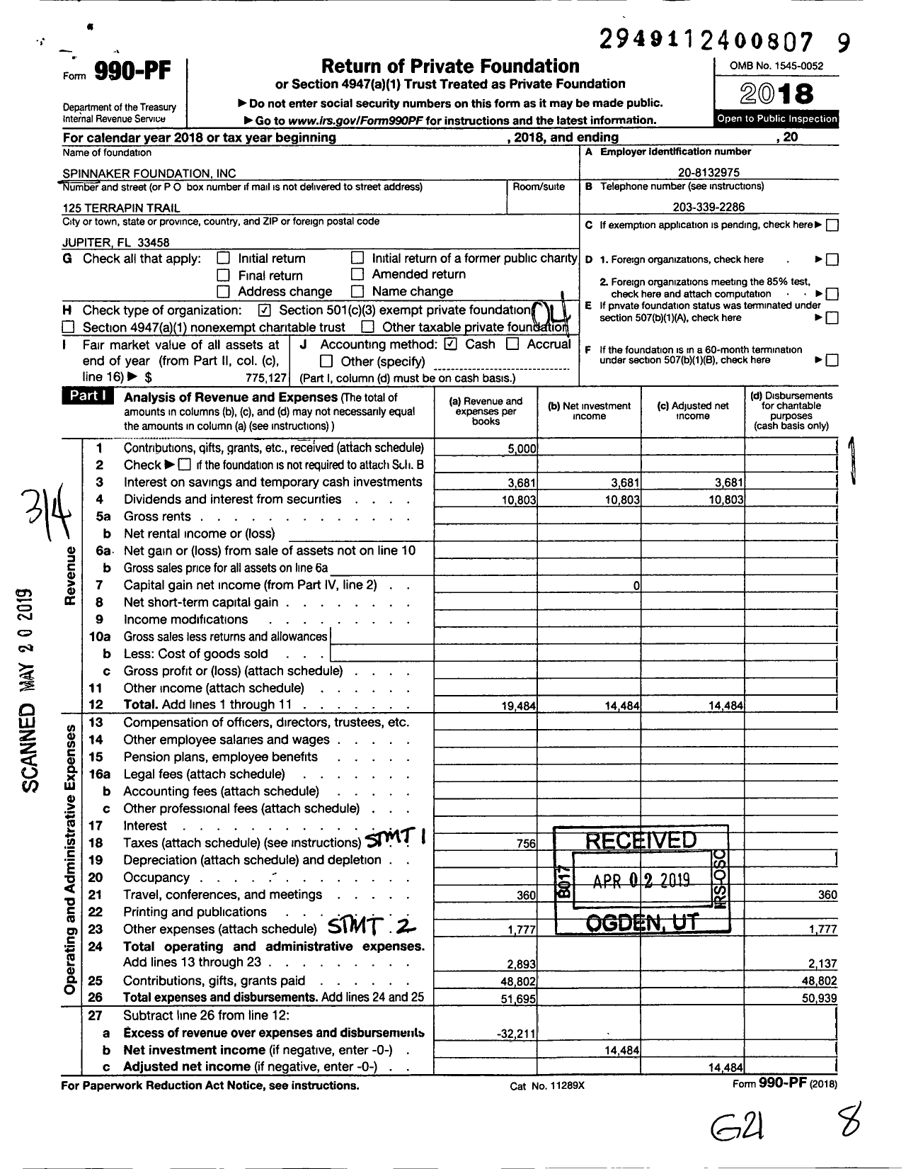 Image of first page of 2018 Form 990PF for Spinnaker Foundation