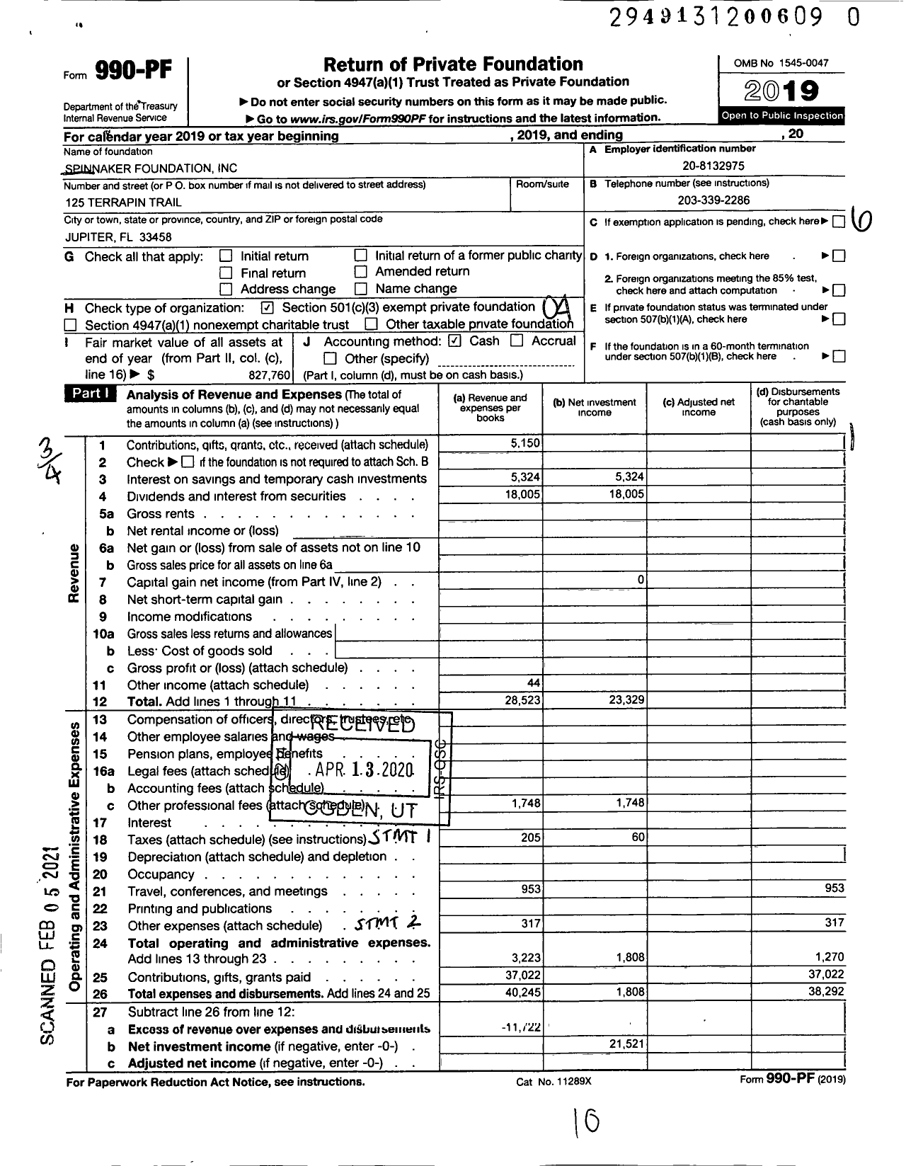 Image of first page of 2019 Form 990PF for Spinnaker Foundation