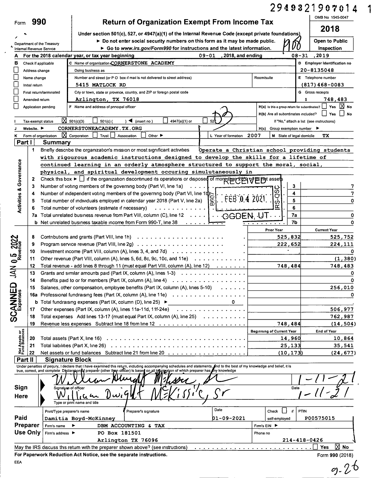 Image of first page of 2018 Form 990 for Cornerstone Academy