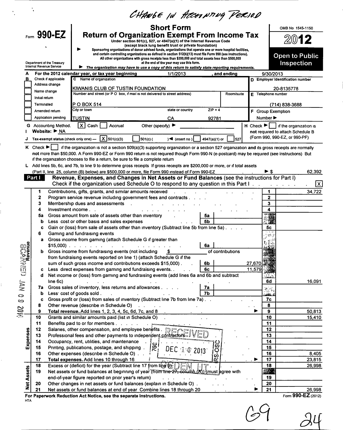 Image of first page of 2012 Form 990EZ for Kiwanis Club of Tustin Foundation