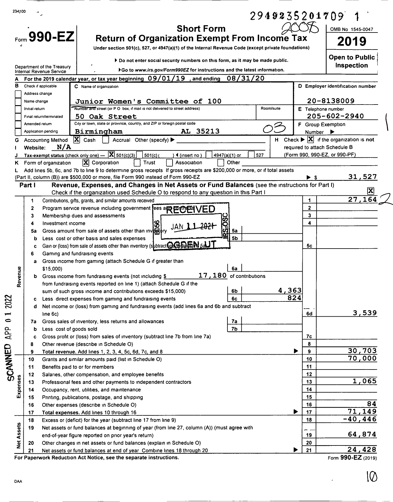 Image of first page of 2019 Form 990EZ for Junior Women's Committee of 100