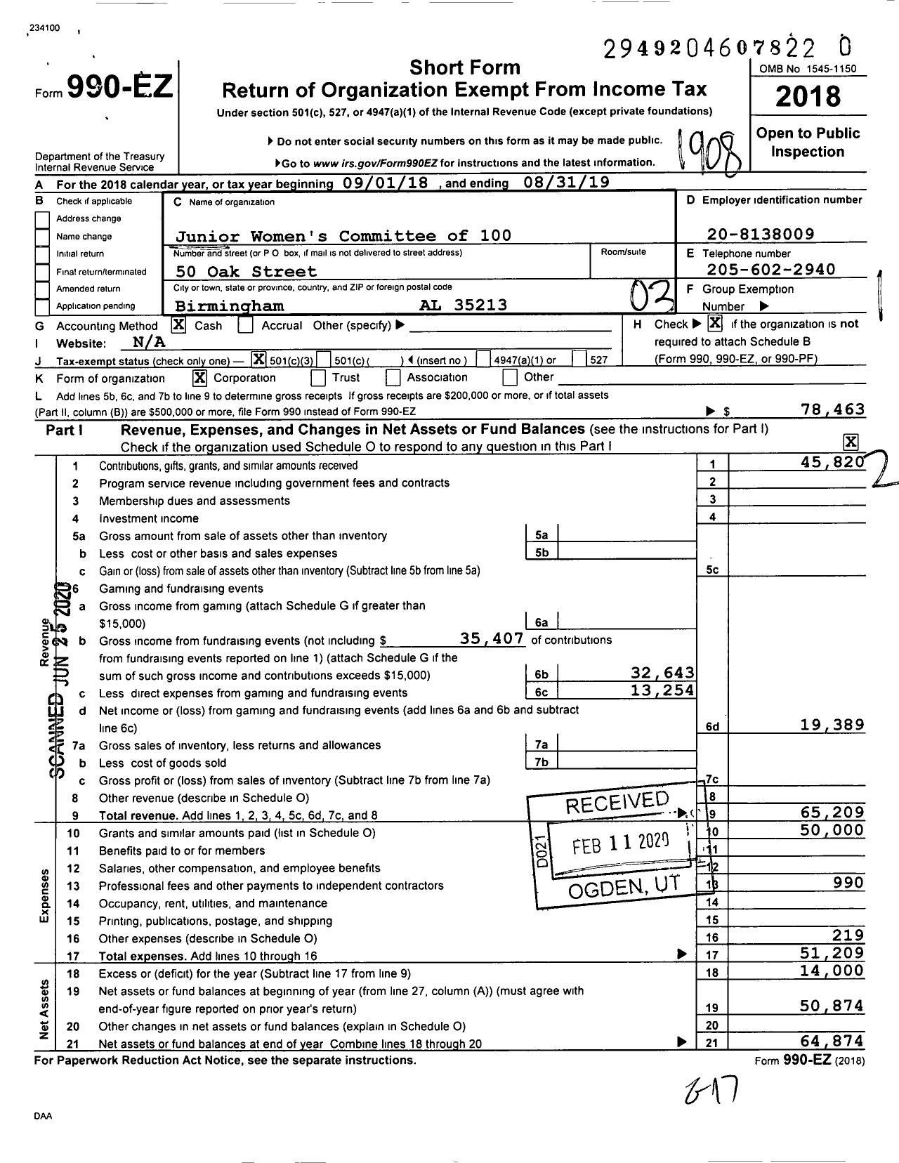 Image of first page of 2018 Form 990EZ for Junior Women's Committee of 100