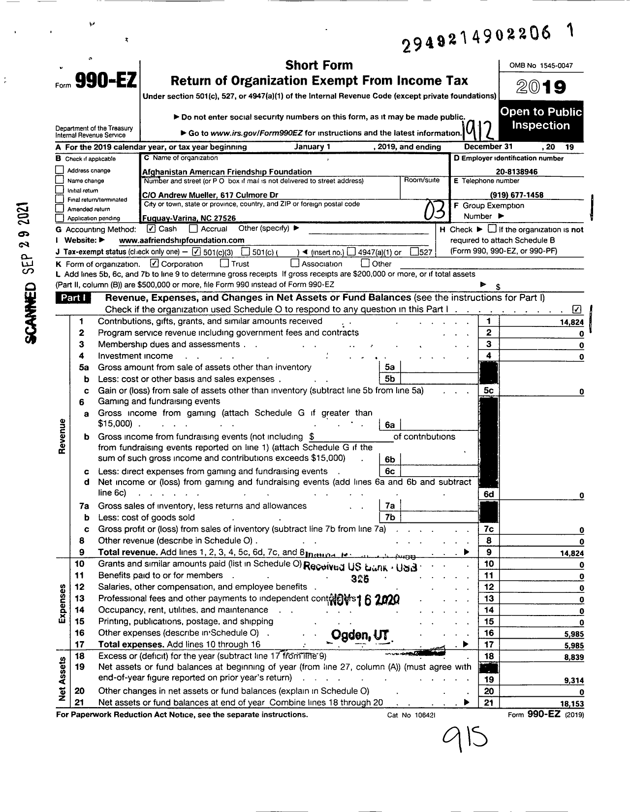 Image of first page of 2019 Form 990EZ for Afghanistan American Friendship Foundation