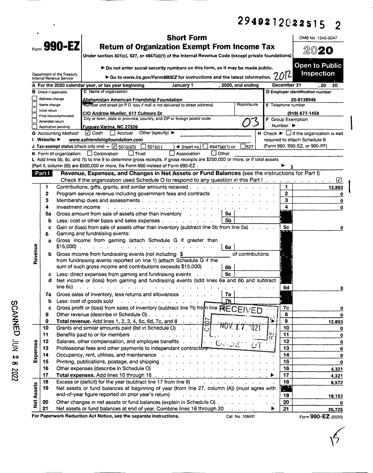 Image of first page of 2020 Form 990EZ for Afghanistan American Friendship Foundation