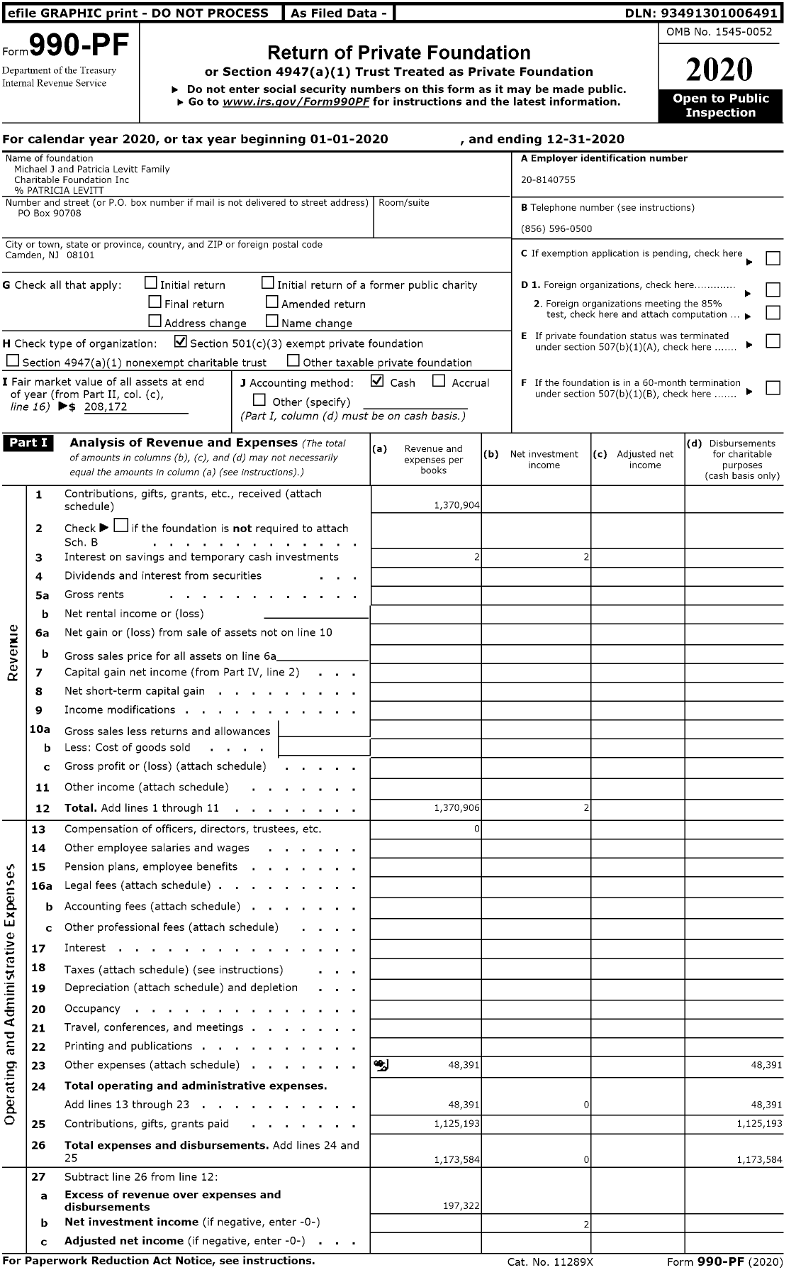 Image of first page of 2020 Form 990PF for Michael J and Patricia Levitt Family Charitable Foundation