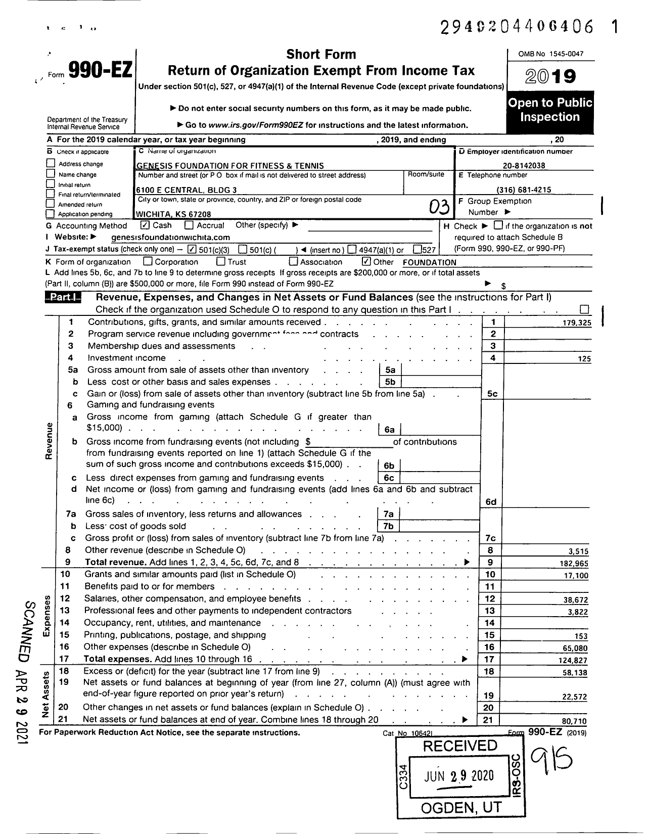 Image of first page of 2019 Form 990EZ for Genesis Foundation for Fitness and Tennis