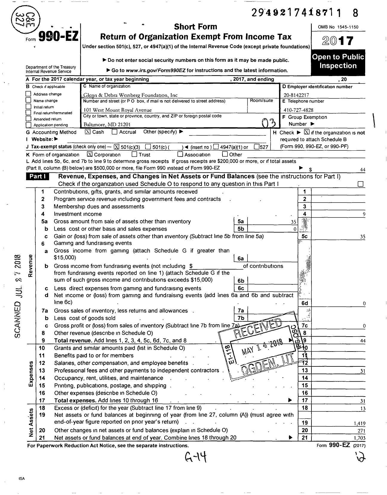 Image of first page of 2017 Form 990EZ for Glenn and Debra Weinberg Foundation