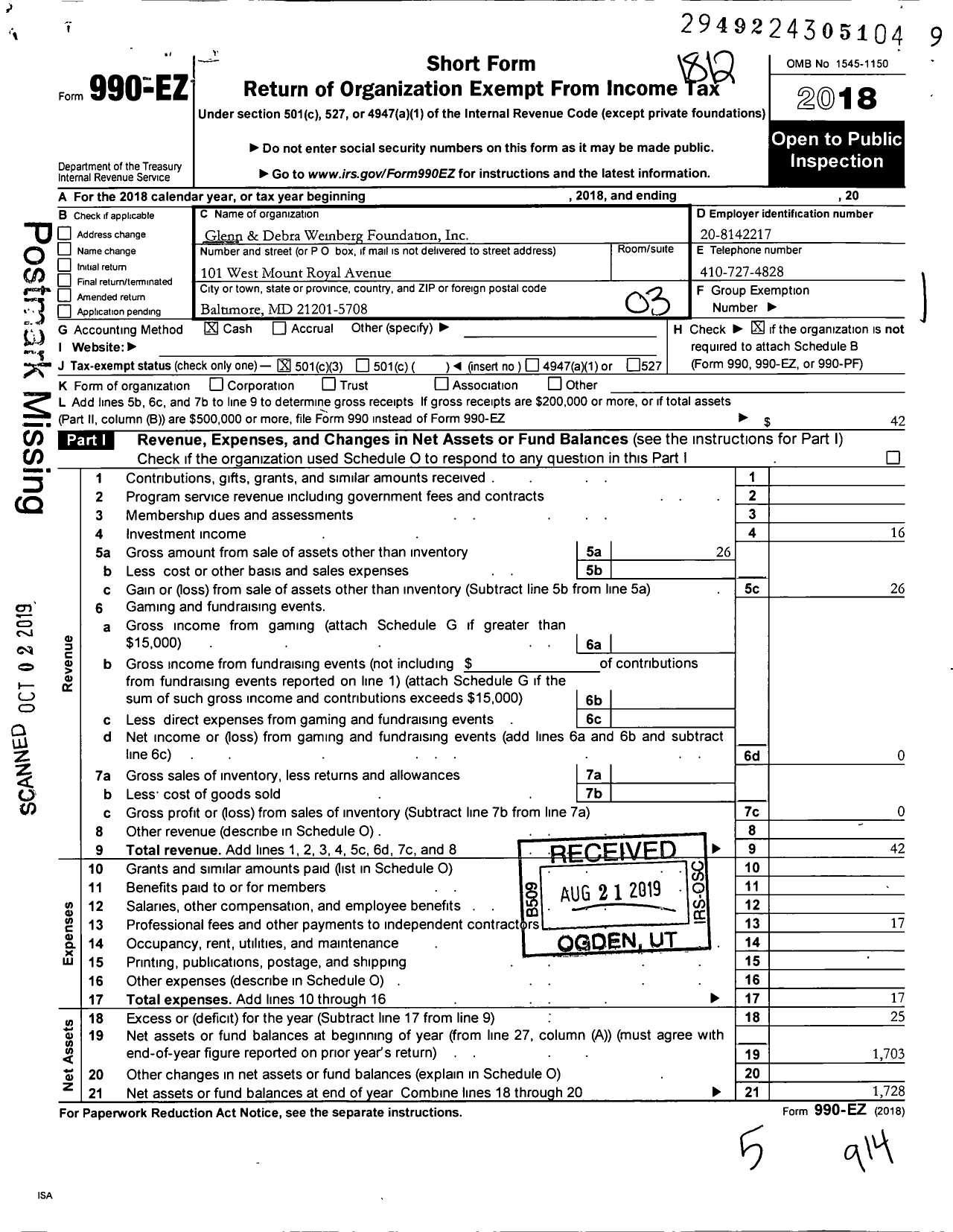 Image of first page of 2018 Form 990EZ for Glenn and Debra Weinberg Foundation