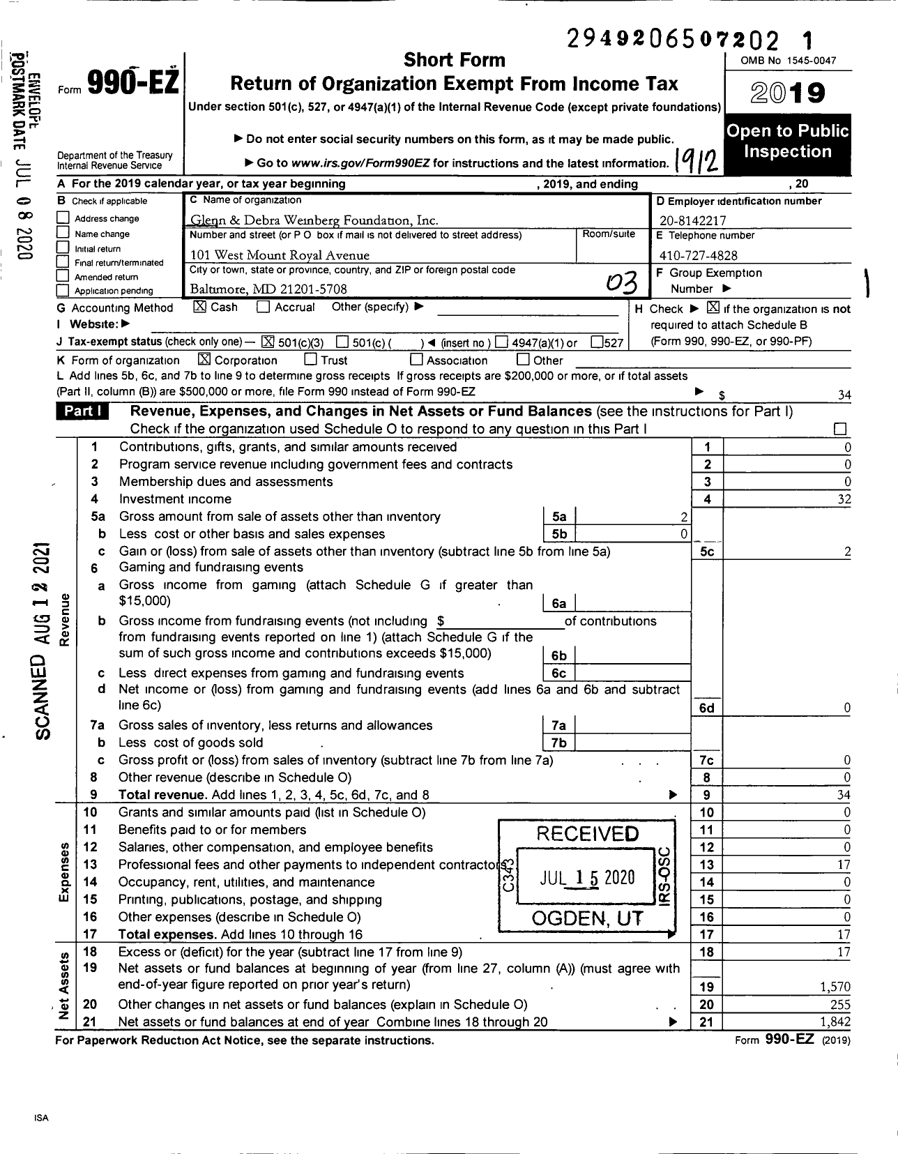 Image of first page of 2019 Form 990EZ for Glenn and Debra Weinberg Foundation