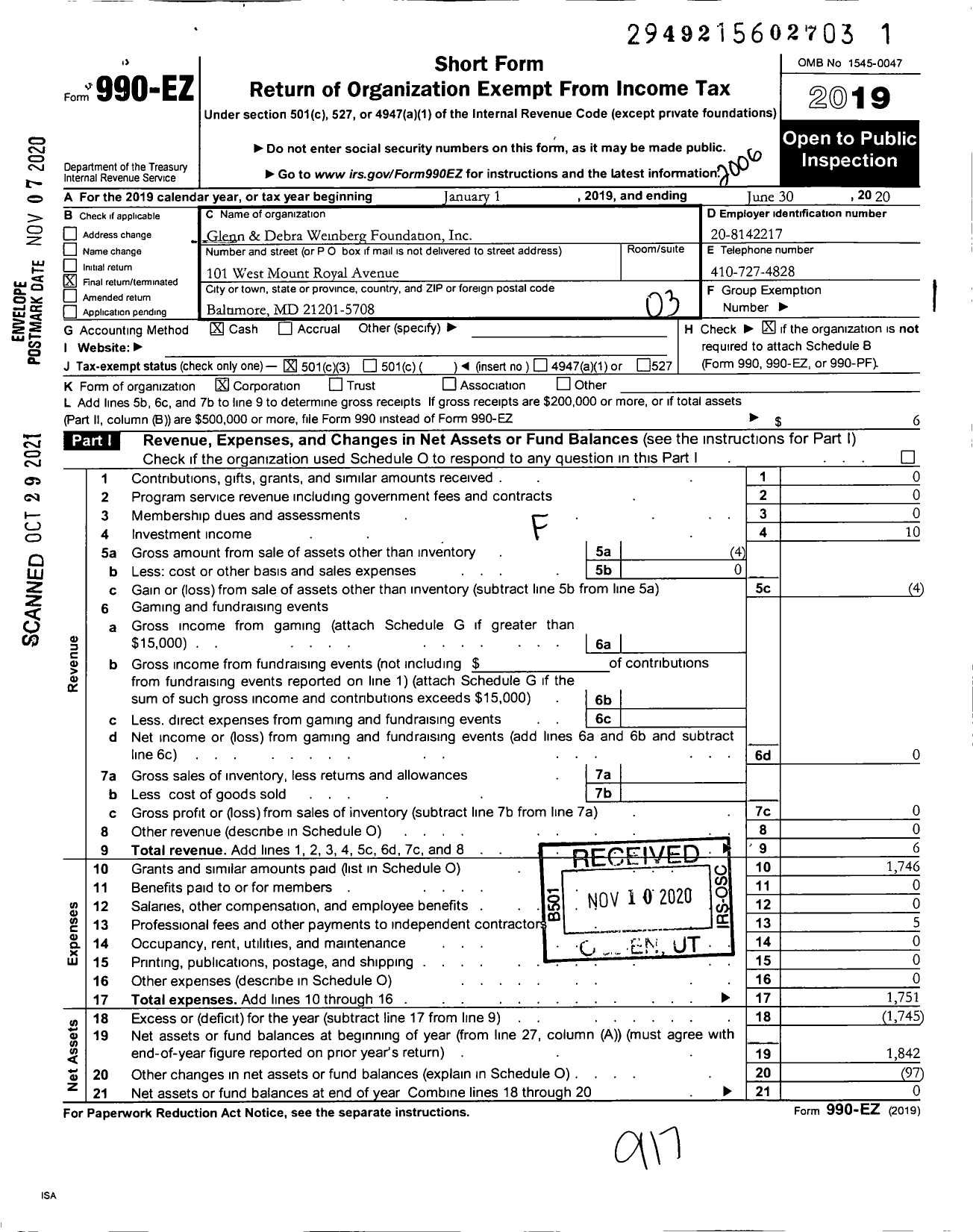 Image of first page of 2019 Form 990EZ for Glenn and Debra Weinberg Foundation