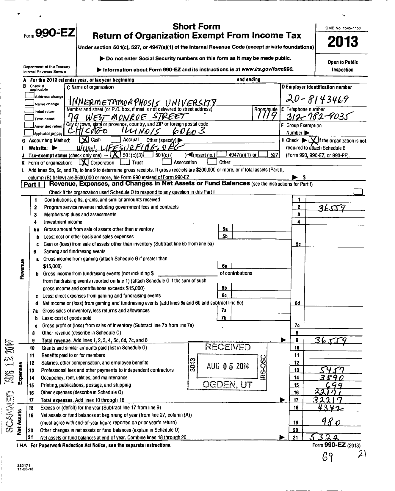 Image of first page of 2013 Form 990EZ for Inner Metamorphosis University