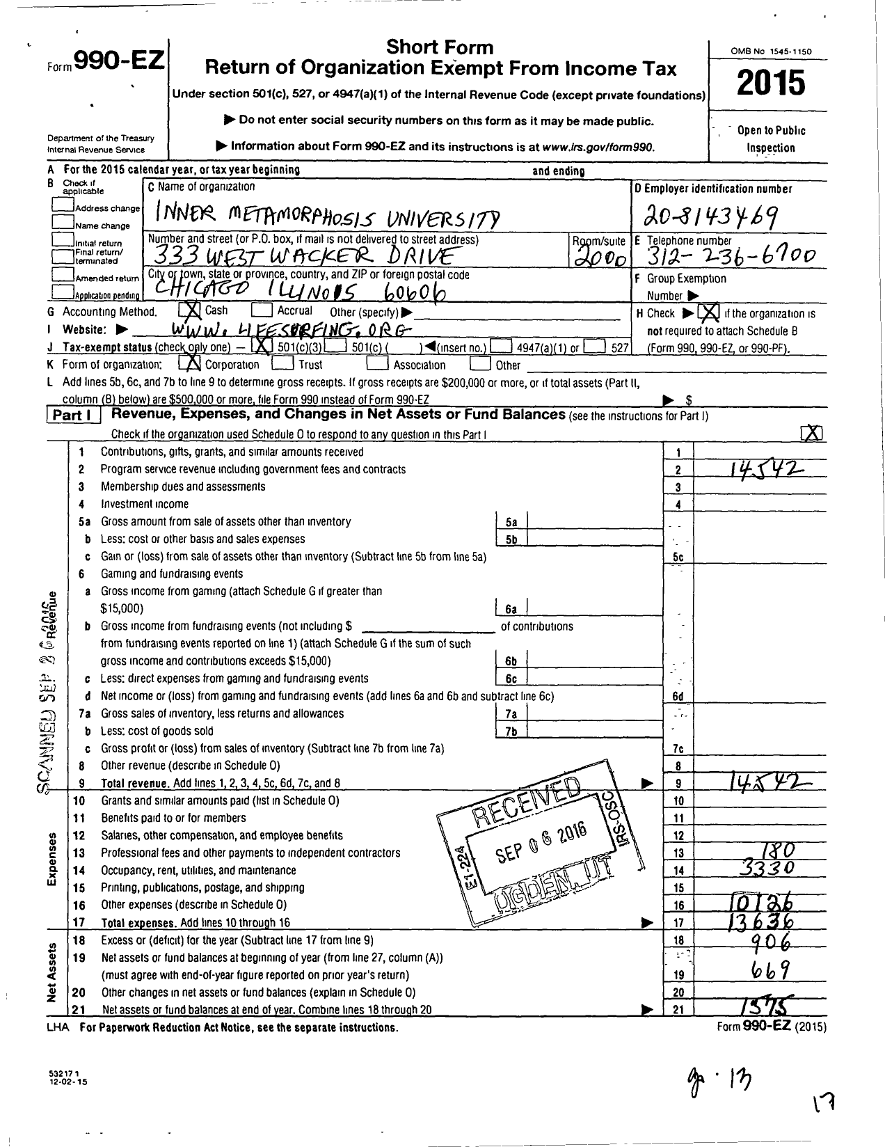 Image of first page of 2015 Form 990EZ for Inner Metamorphosis University