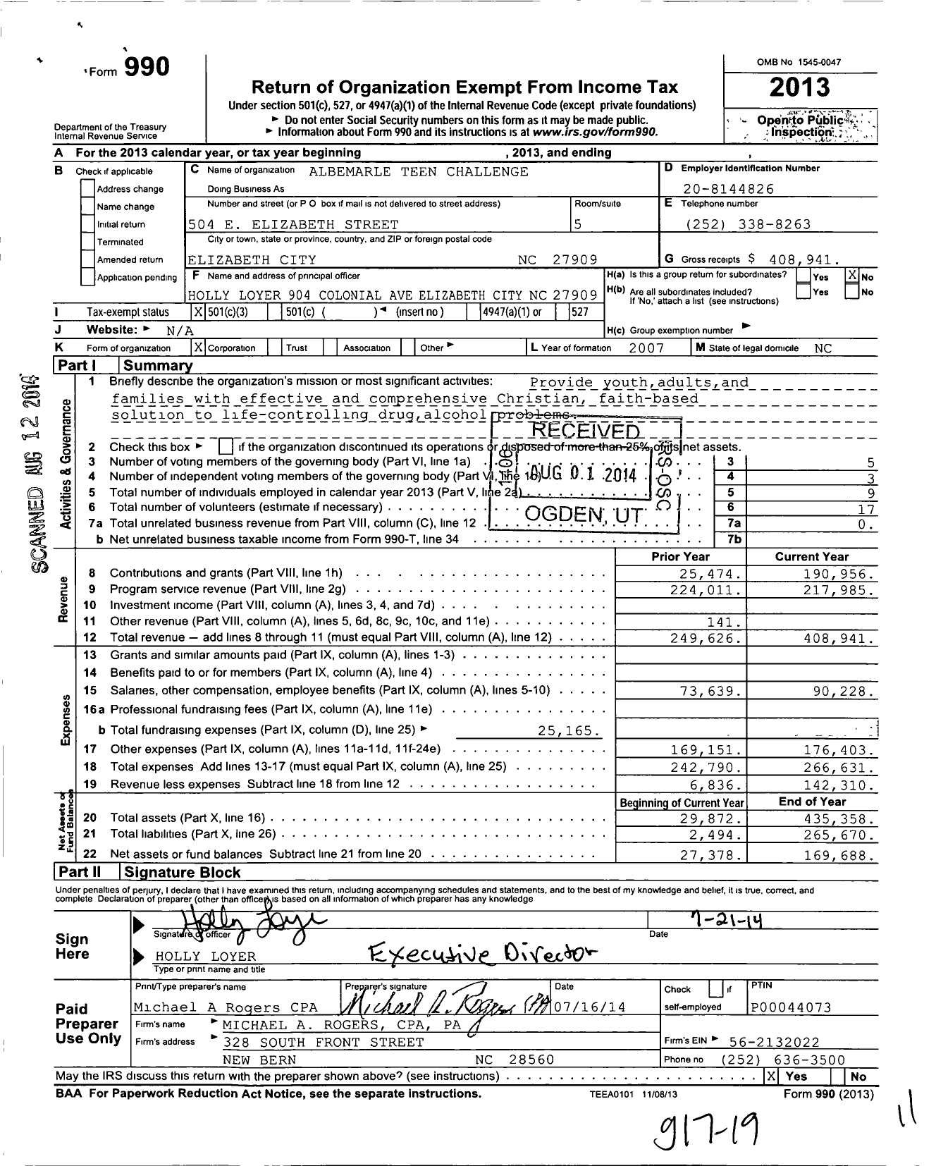 Image of first page of 2013 Form 990 for Albemarle Teen Challenge