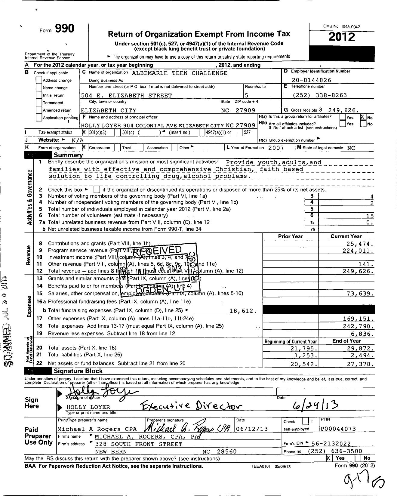 Image of first page of 2012 Form 990 for Albemarle Teen Challenge