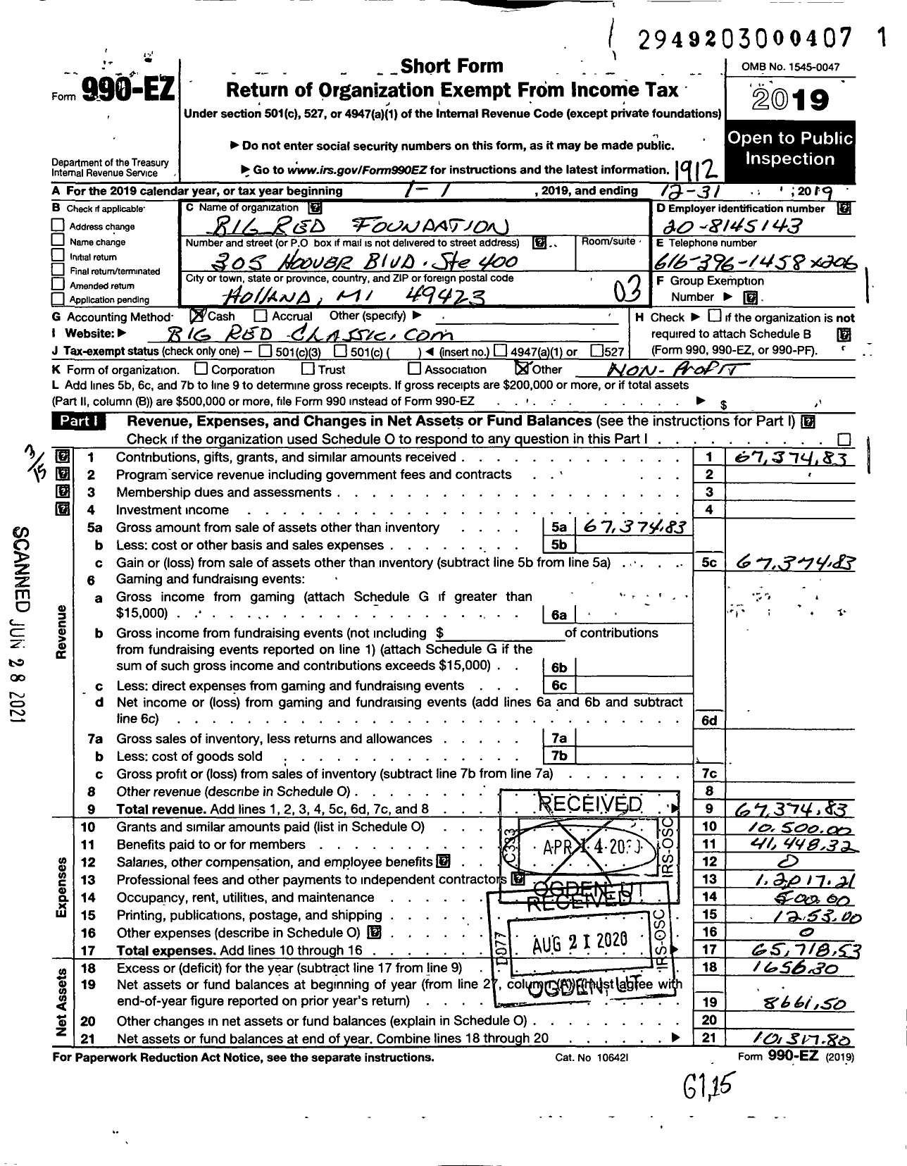 Image of first page of 2019 Form 990EZ for Big Red Foundation