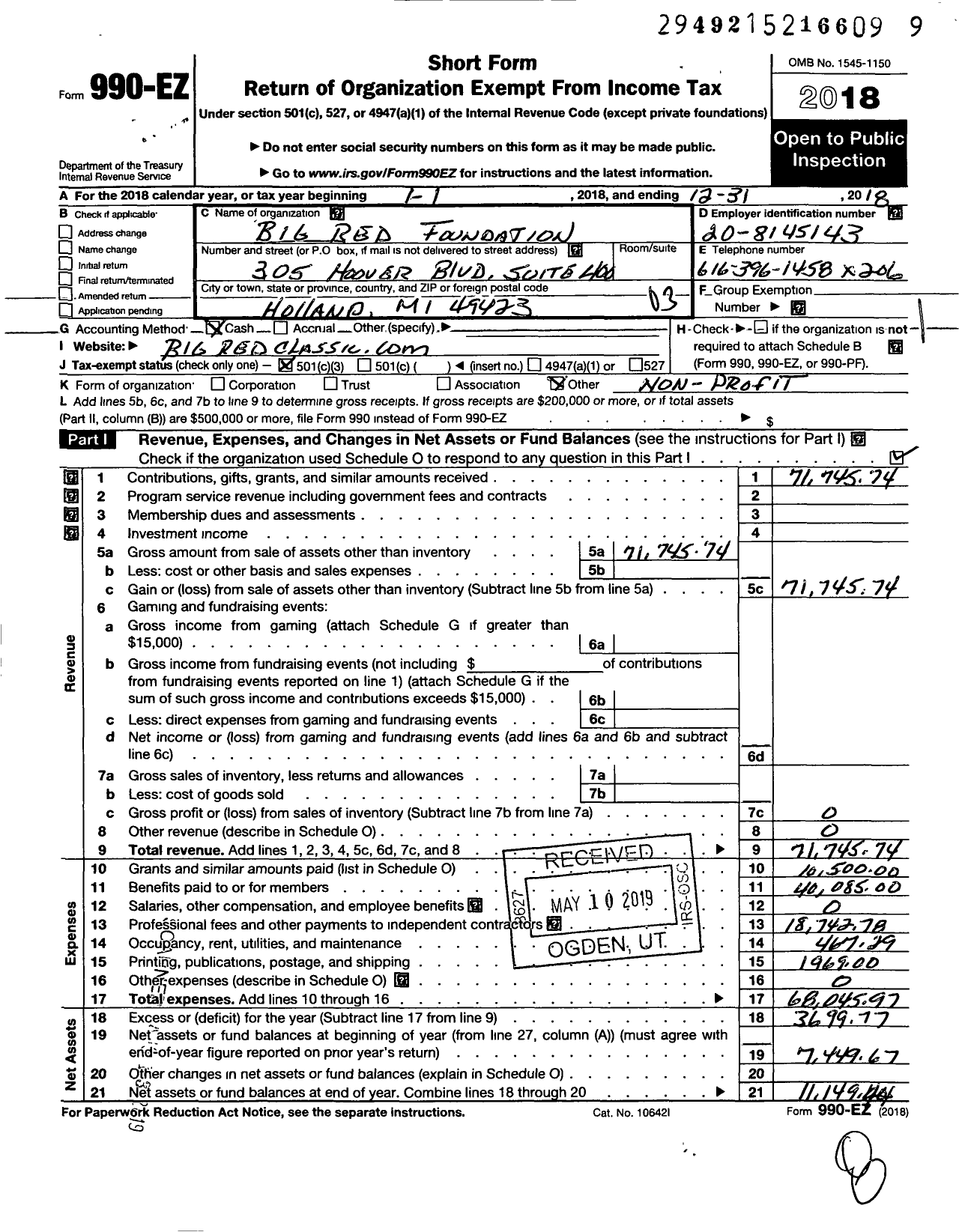 Image of first page of 2018 Form 990EZ for Big Red Foundation