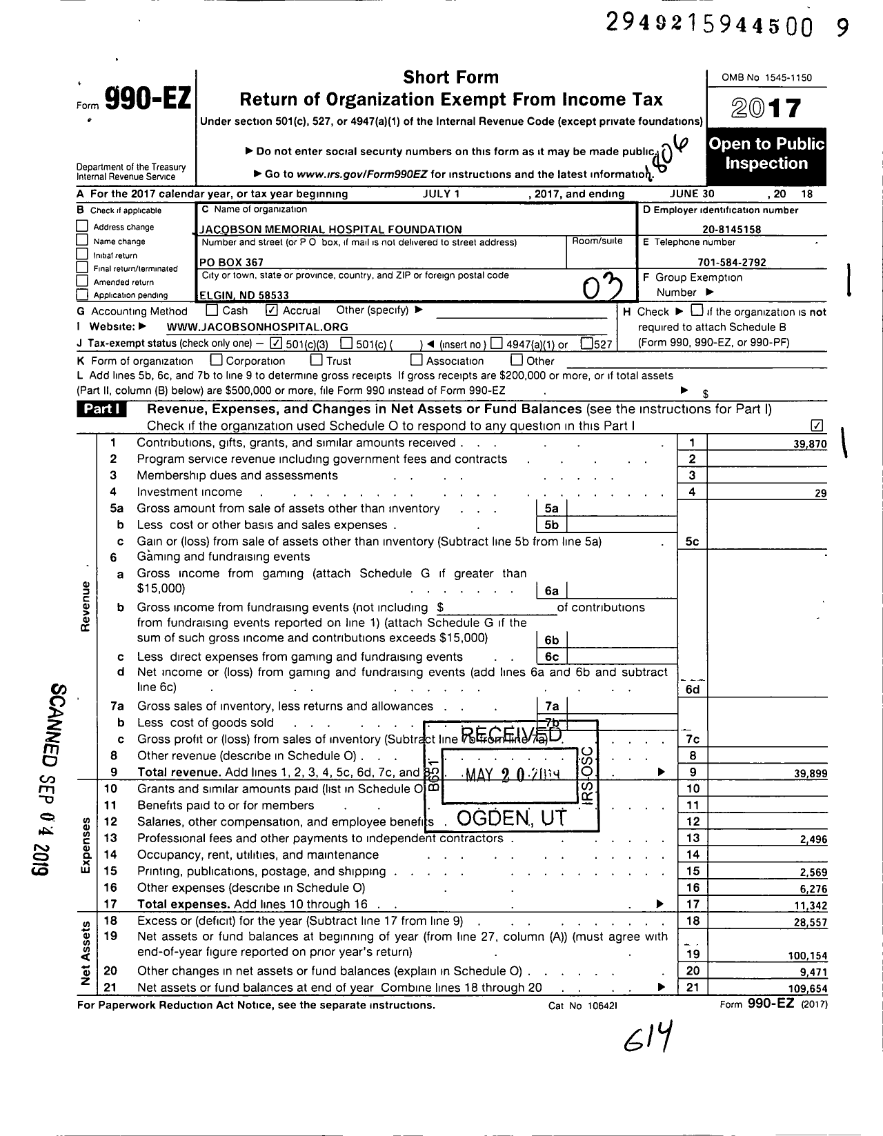 Image of first page of 2017 Form 990EZ for Jacobson Memorial Hospital Foundation