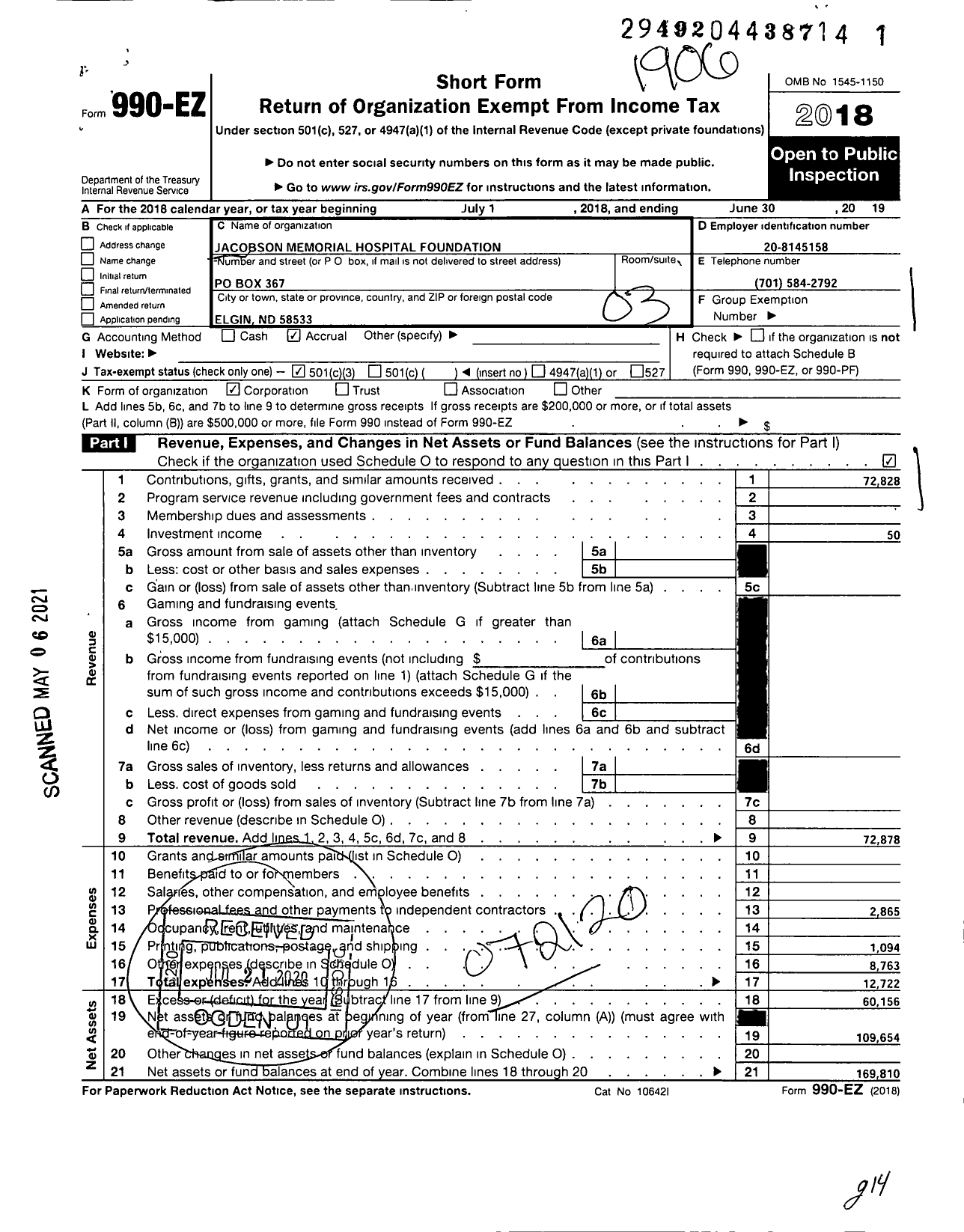 Image of first page of 2018 Form 990EZ for Jacobson Memorial Hospital Foundation